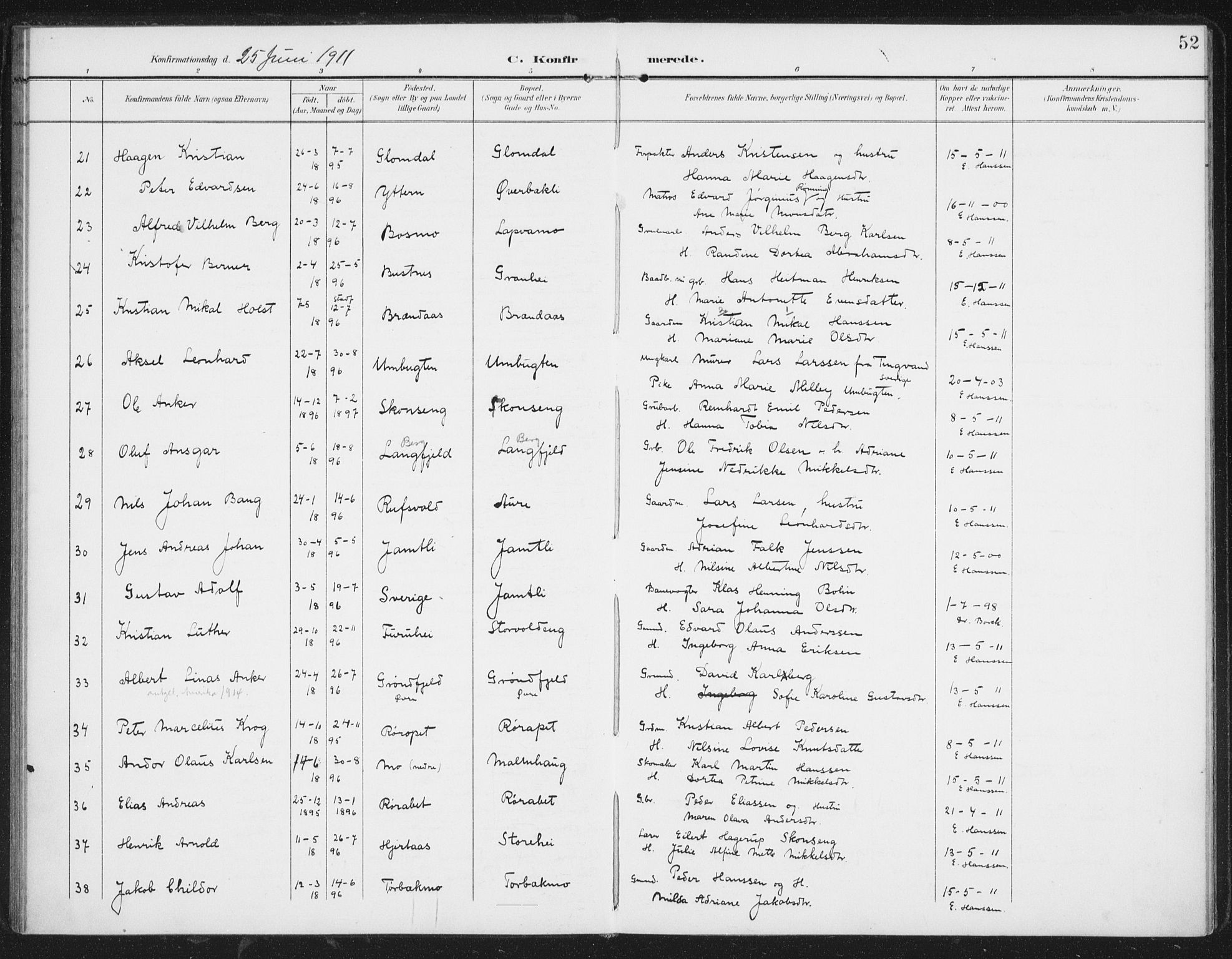 Ministerialprotokoller, klokkerbøker og fødselsregistre - Nordland, AV/SAT-A-1459/827/L0403: Parish register (official) no. 827A15, 1903-1912, p. 52