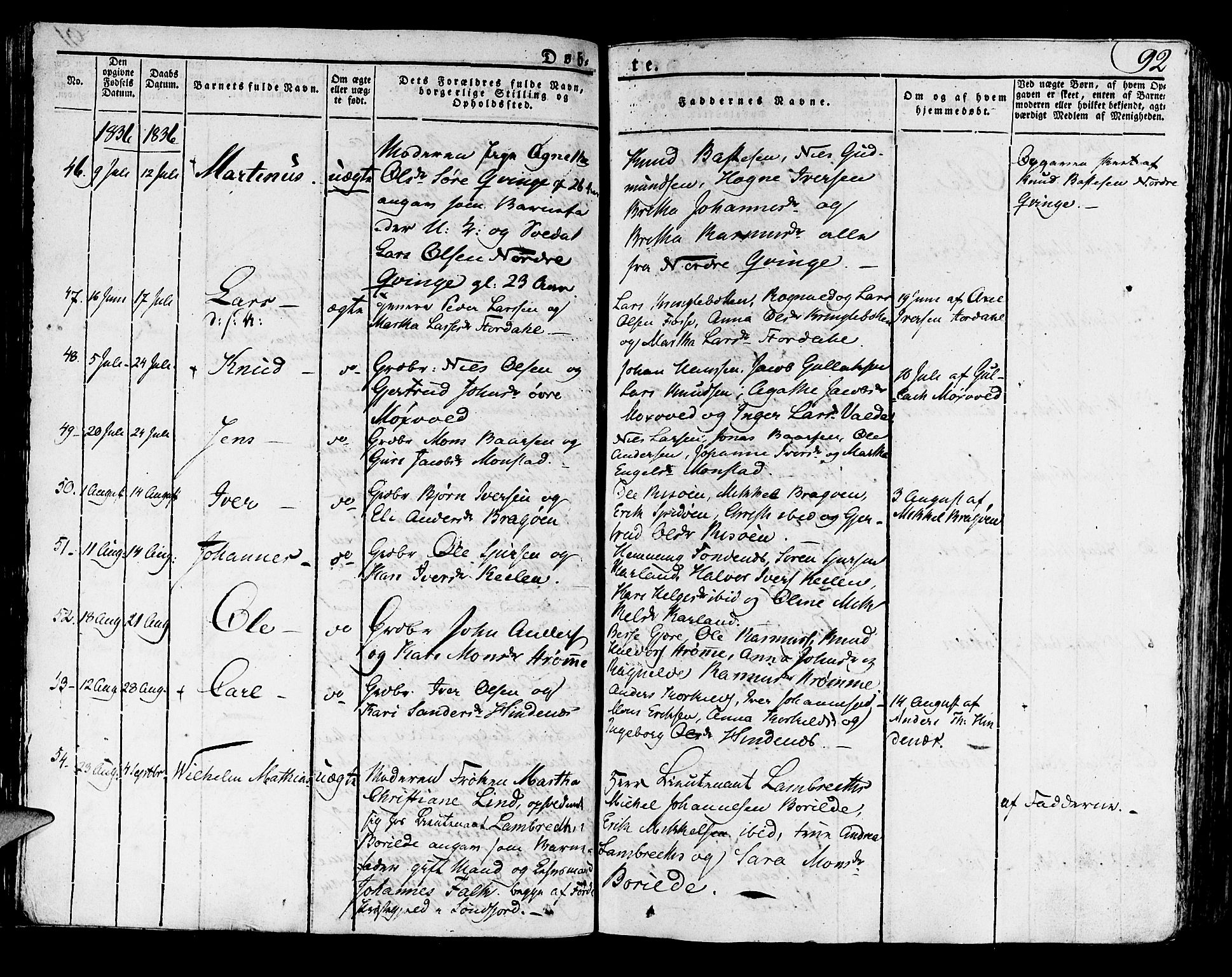 Lindås Sokneprestembete, AV/SAB-A-76701/H/Haa/Haaa/L0008: Parish register (official) no. A 8, 1823-1836, p. 92