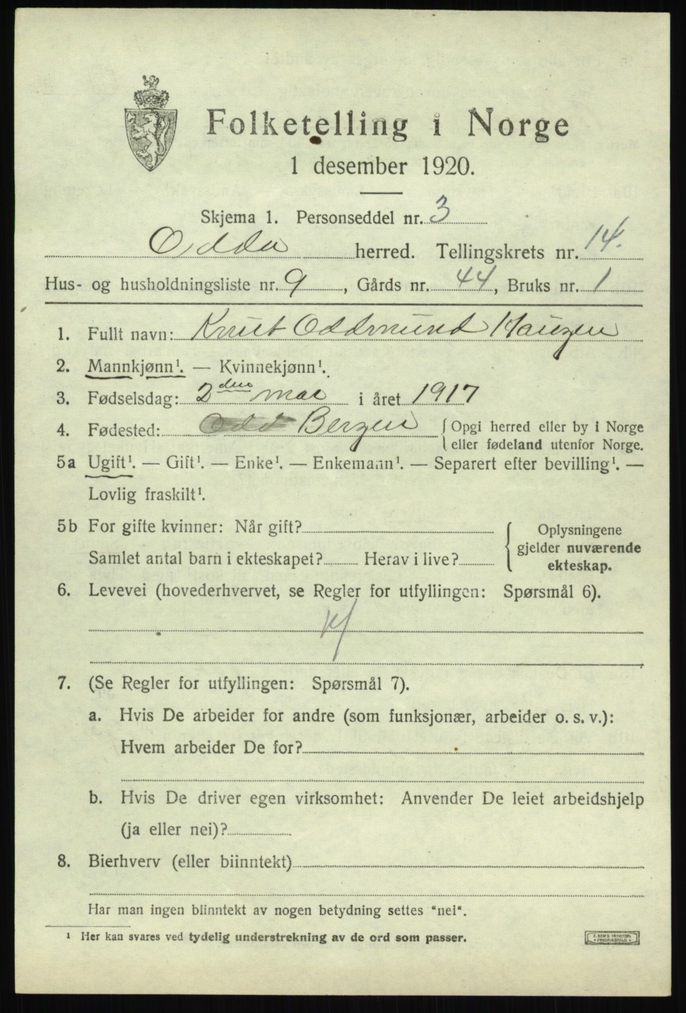 SAB, 1920 census for Odda, 1920, p. 12101