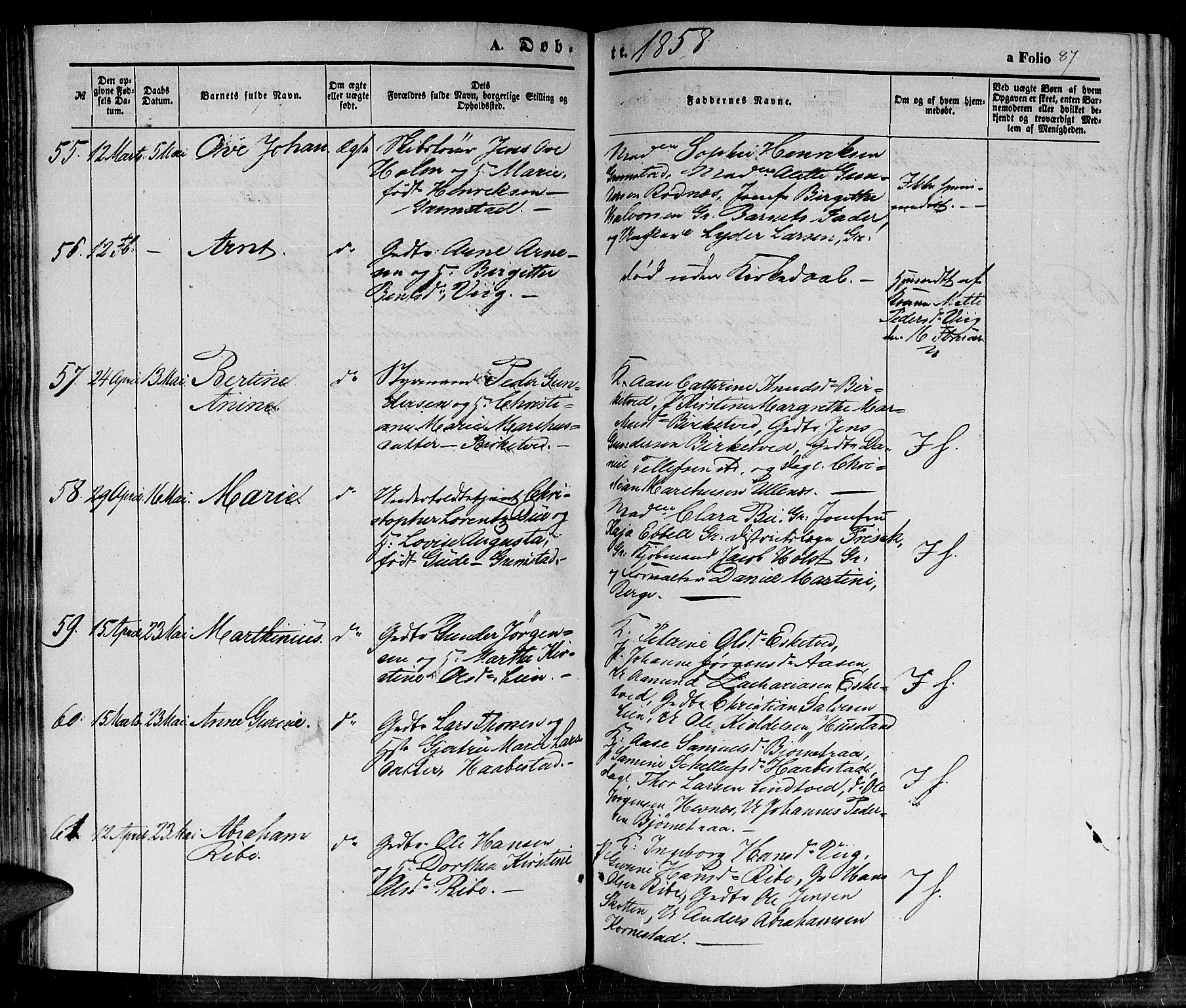 Fjære sokneprestkontor, AV/SAK-1111-0011/F/Fb/L0008: Parish register (copy) no. B 8, 1854-1867, p. 87