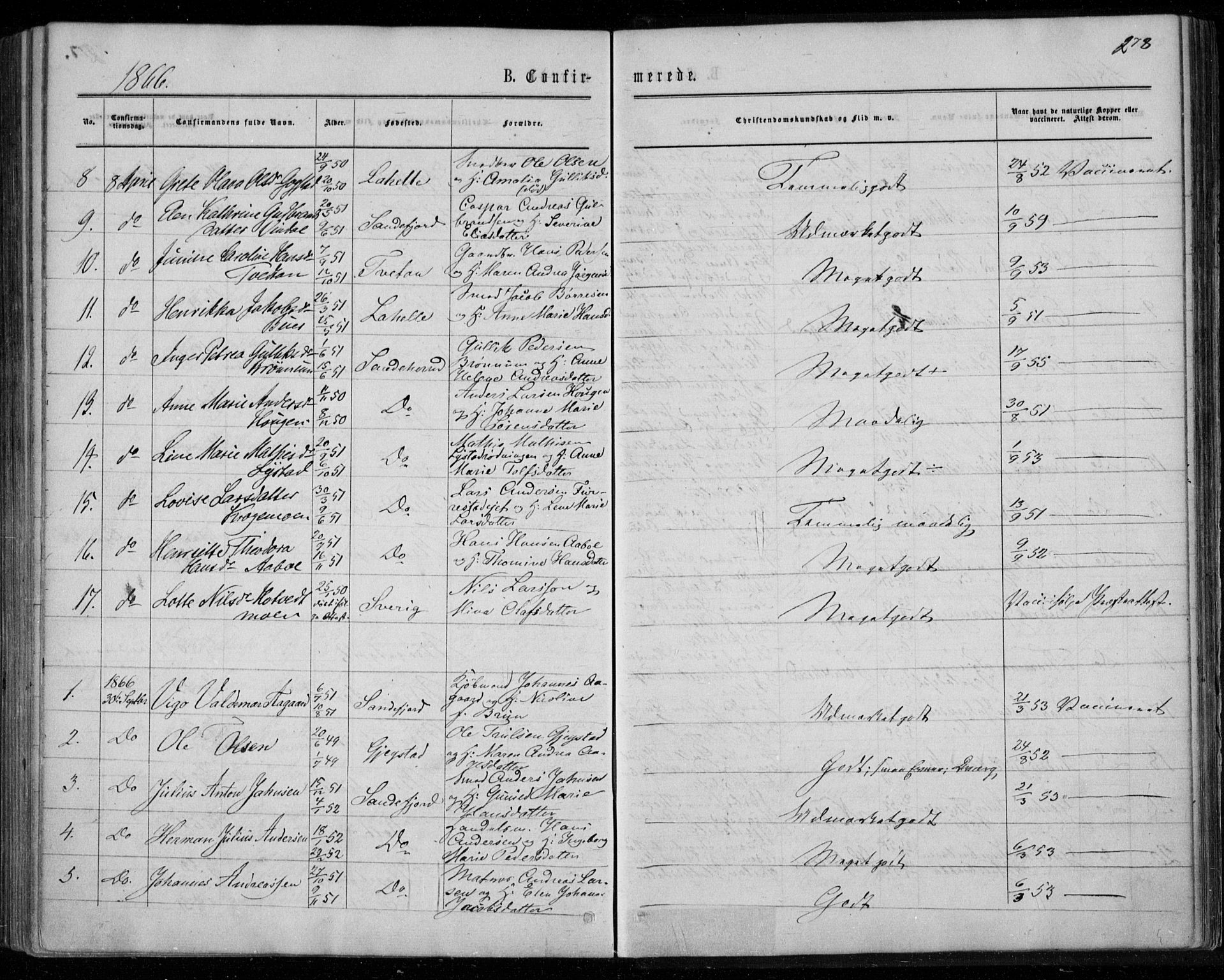 Sandar kirkebøker, SAKO/A-243/F/Fa/L0008: Parish register (official) no. 8, 1862-1871, p. 278
