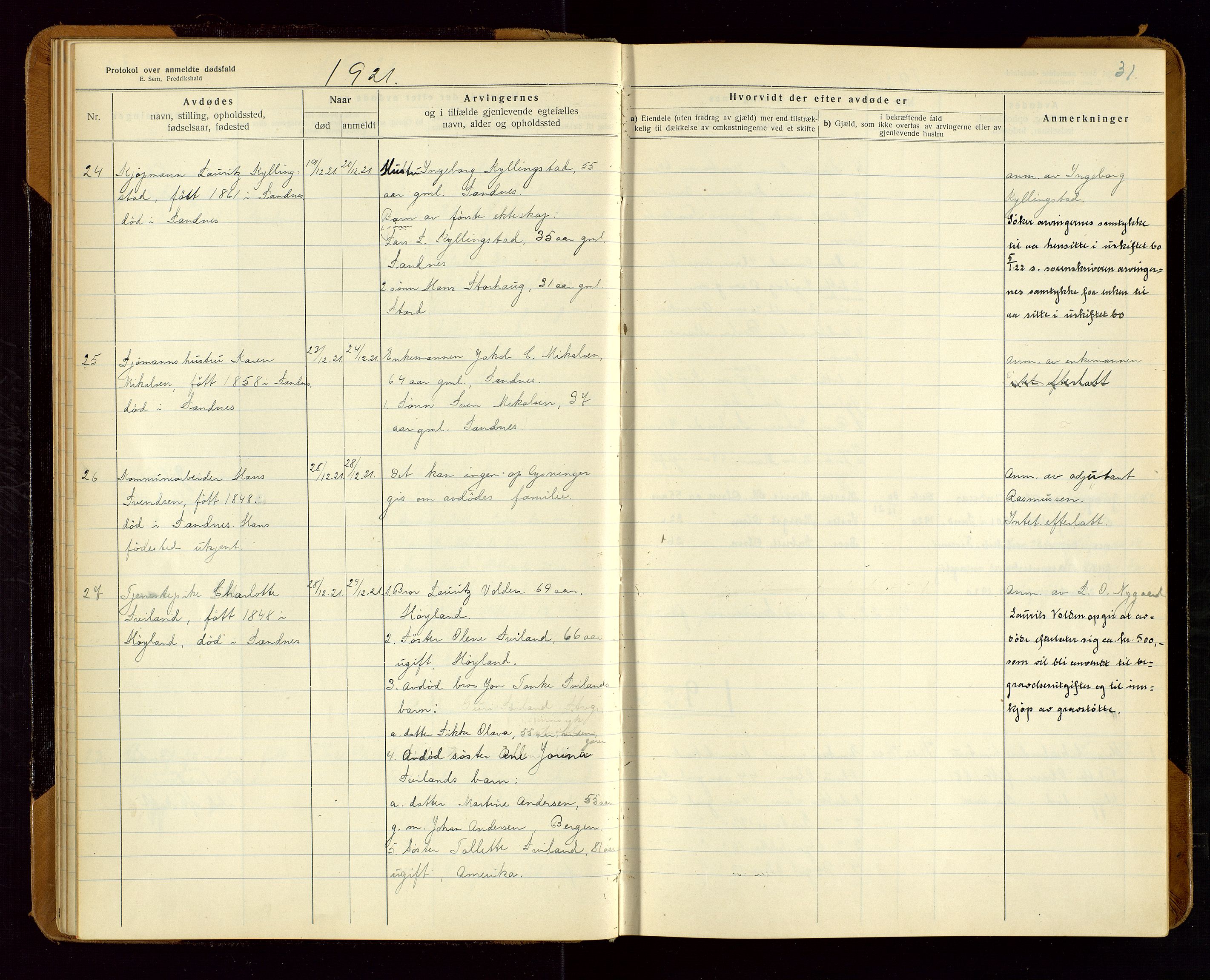 Sandnes lensmannskontor, SAST/A-100167/Gga/L0001: "Protokol over anmeldte dødsfald" m/register, 1918-1940, p. 31