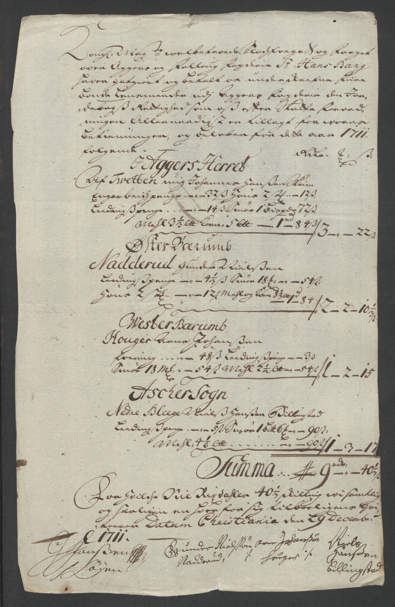 Rentekammeret inntil 1814, Reviderte regnskaper, Fogderegnskap, AV/RA-EA-4092/R10/L0448: Fogderegnskap Aker og Follo, 1710-1711, p. 335