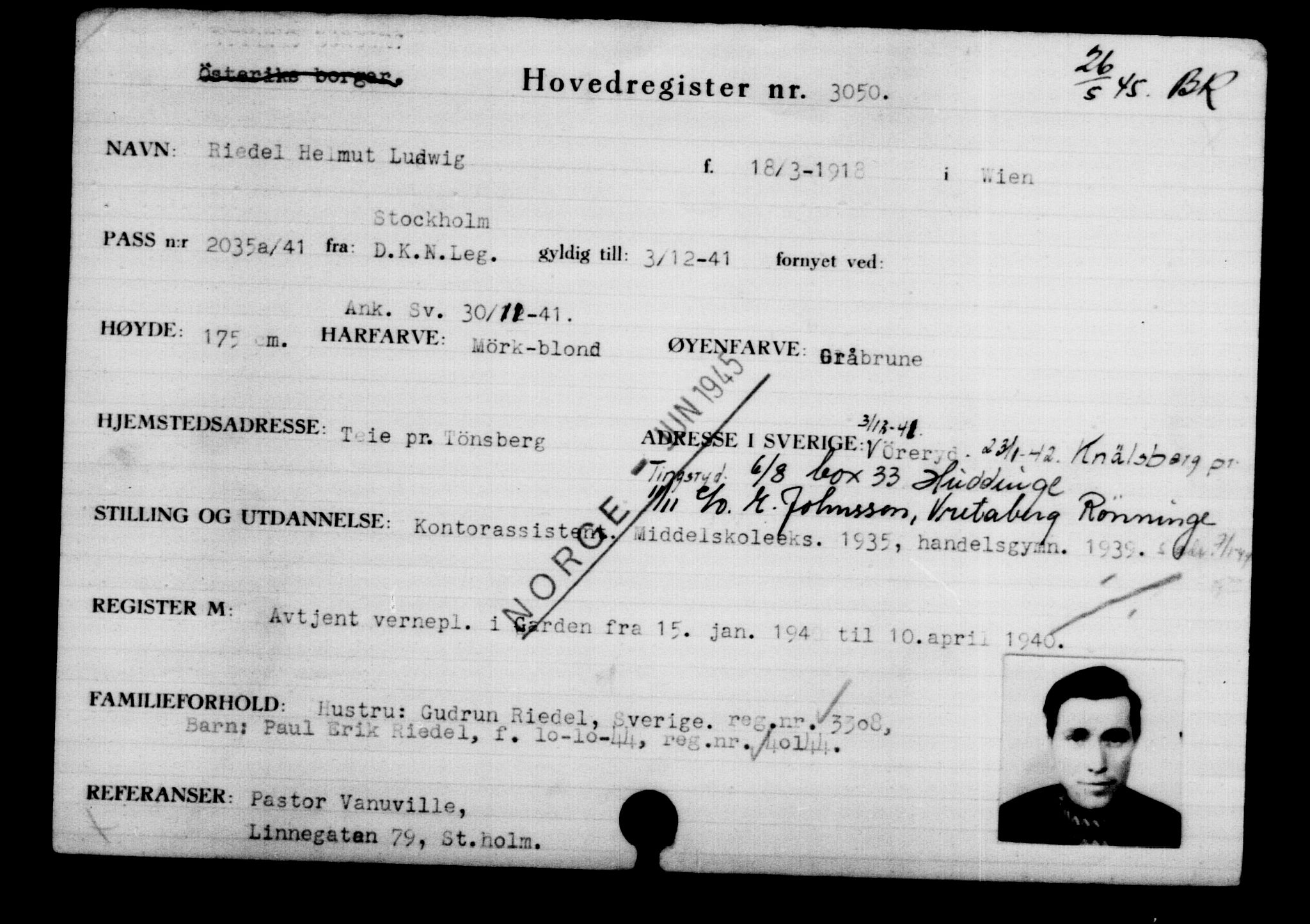Utenriksstasjonene, Legasjonen i Stockholm, Flyktningkontoret, AV/RA-S-6753/V/Va/L0003: Kjesäterkartoteket, flyktninger med registreringsnr. 2001-3495, 1940-1945, p. 1475