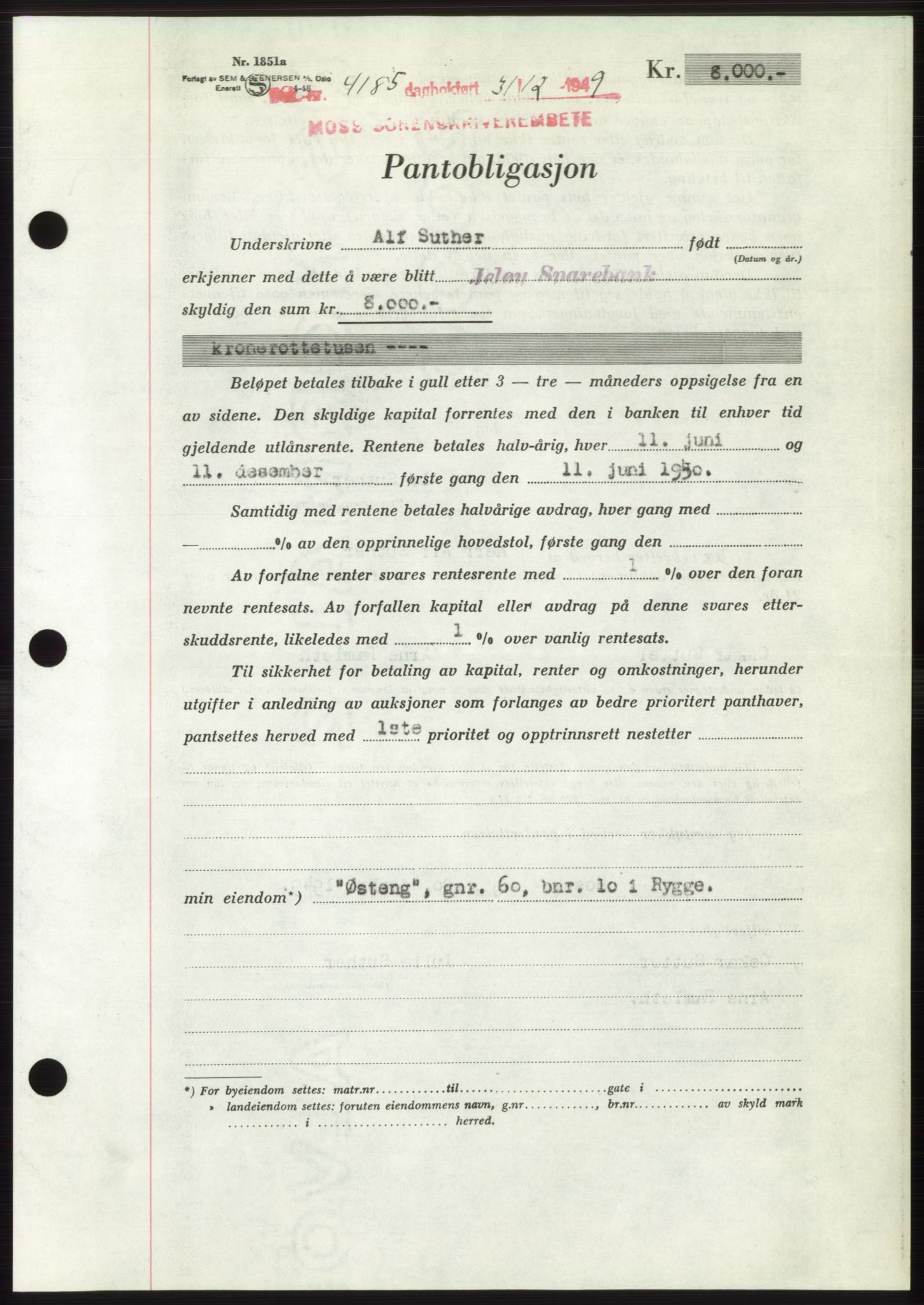 Moss sorenskriveri, SAO/A-10168: Mortgage book no. B23, 1949-1950, Diary no: : 4185/1949