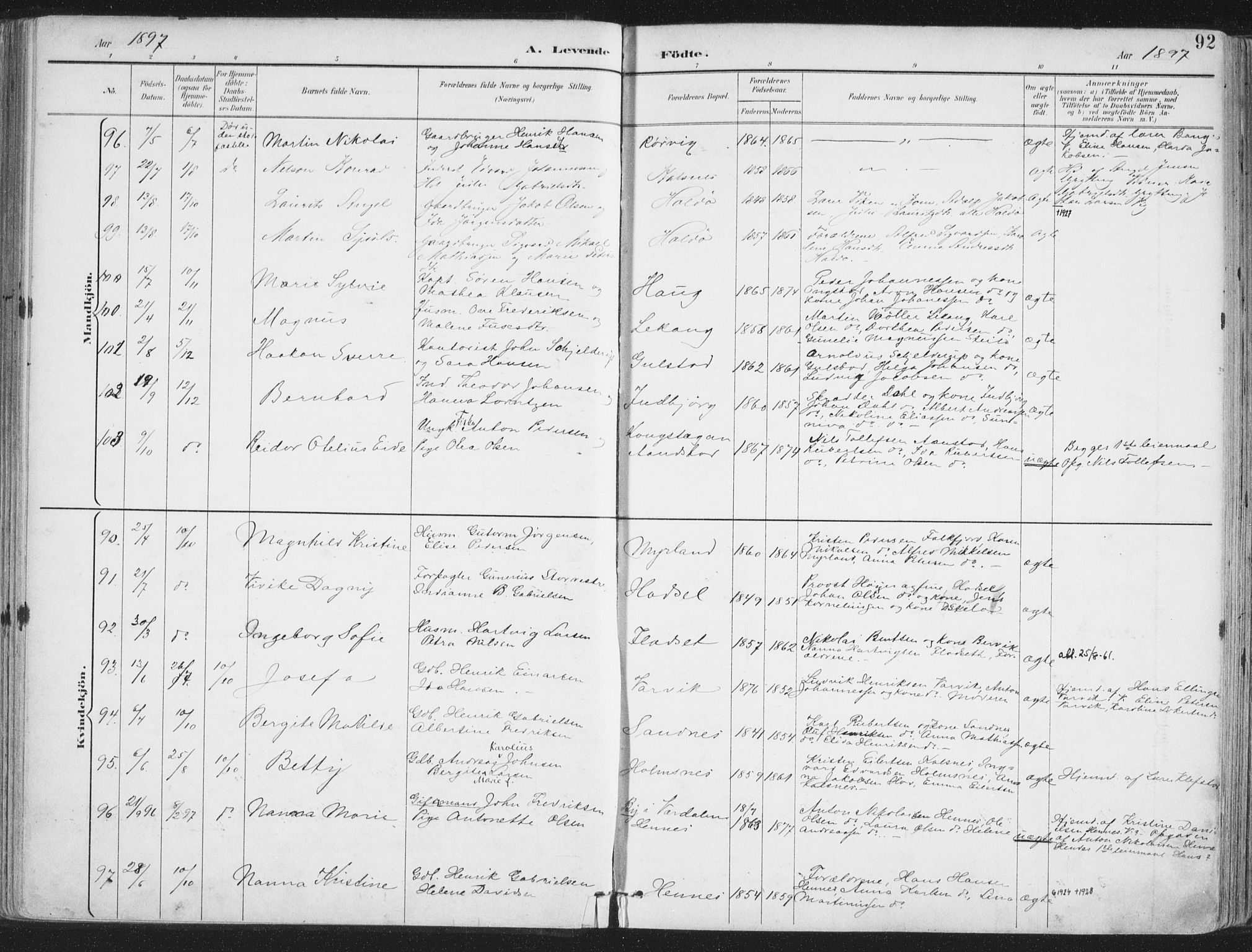 Ministerialprotokoller, klokkerbøker og fødselsregistre - Nordland, AV/SAT-A-1459/888/L1246: Parish register (official) no. 888A12, 1891-1903, p. 92