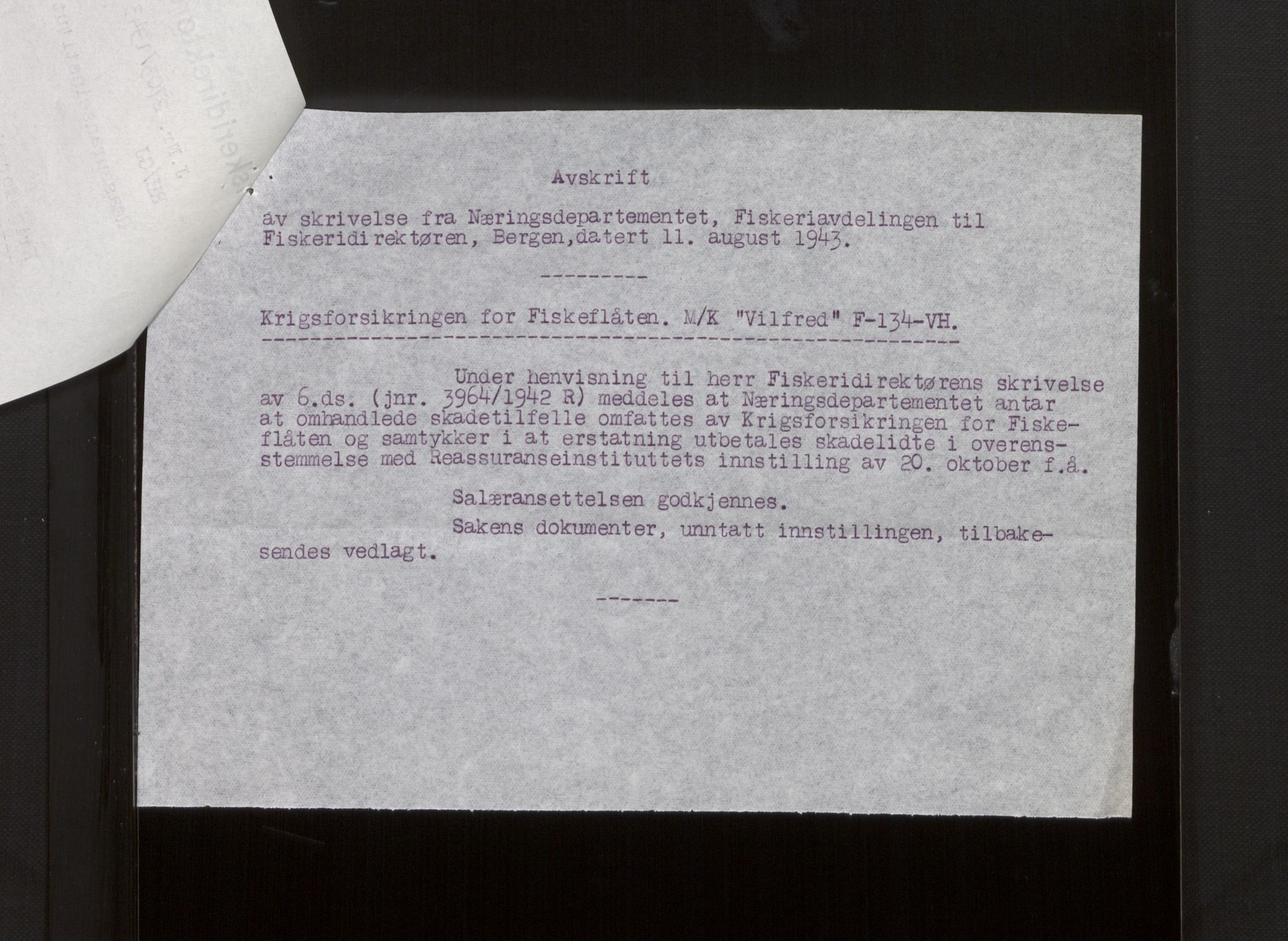 Fiskeridirektoratet - 1 Adm. ledelse - 13 Båtkontoret, AV/SAB-A-2003/La/L0008: Statens krigsforsikring for fiskeflåten, 1936-1971, p. 294