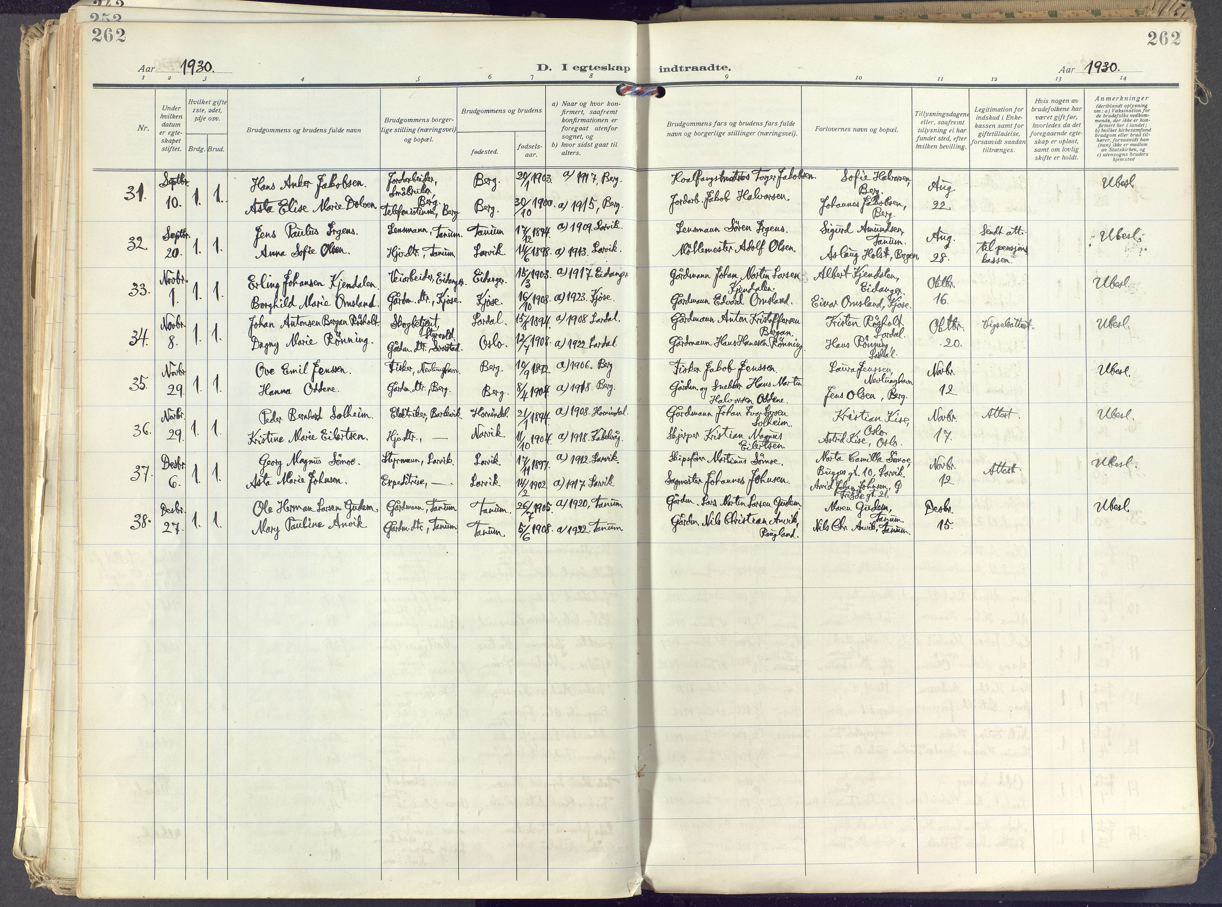 Brunlanes kirkebøker, AV/SAKO-A-342/F/Fc/L0004: Parish register (official) no. III 4, 1923-1943, p. 262