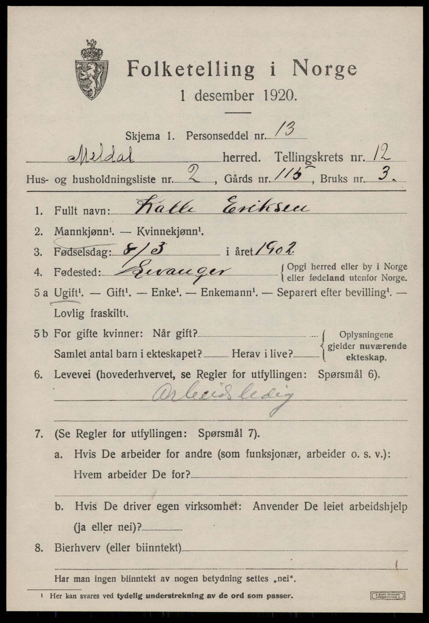 SAT, 1920 census for Meldal, 1920, p. 9173