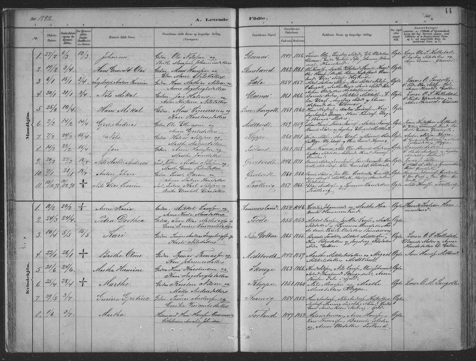 Sund sokneprestembete, SAB/A-99930: Parish register (copy) no. B 3, 1882-1911, p. 44