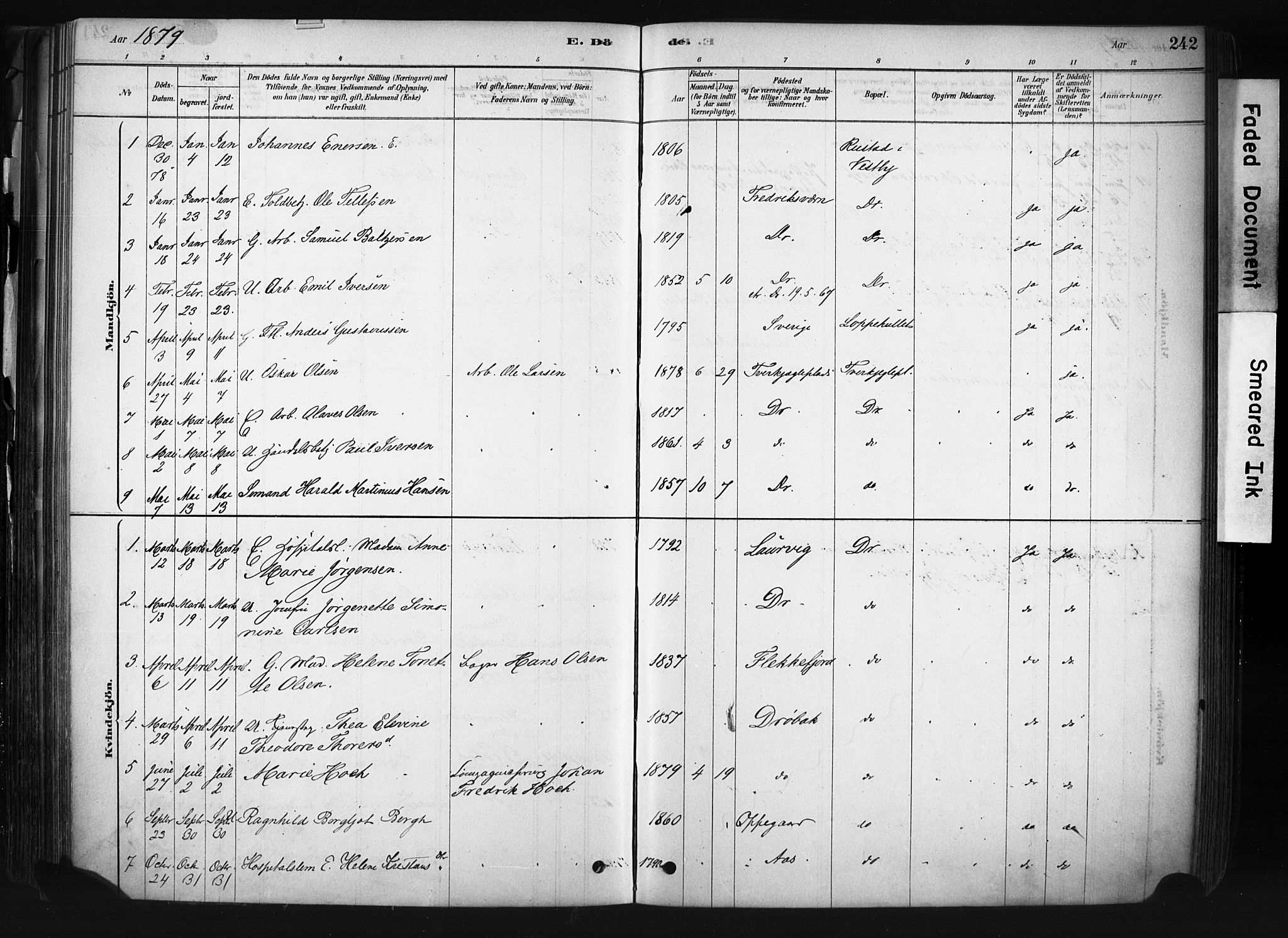 Drøbak prestekontor Kirkebøker, AV/SAO-A-10142a/F/Fb/L0001: Parish register (official) no. II 1, 1878-1891, p. 242