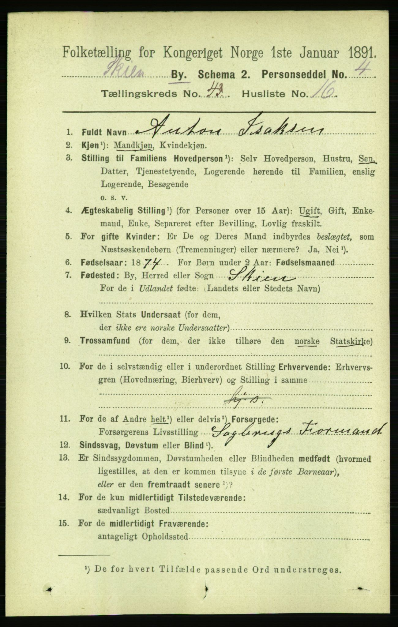 RA, 1891 census for 0806 Skien, 1891, p. 8698