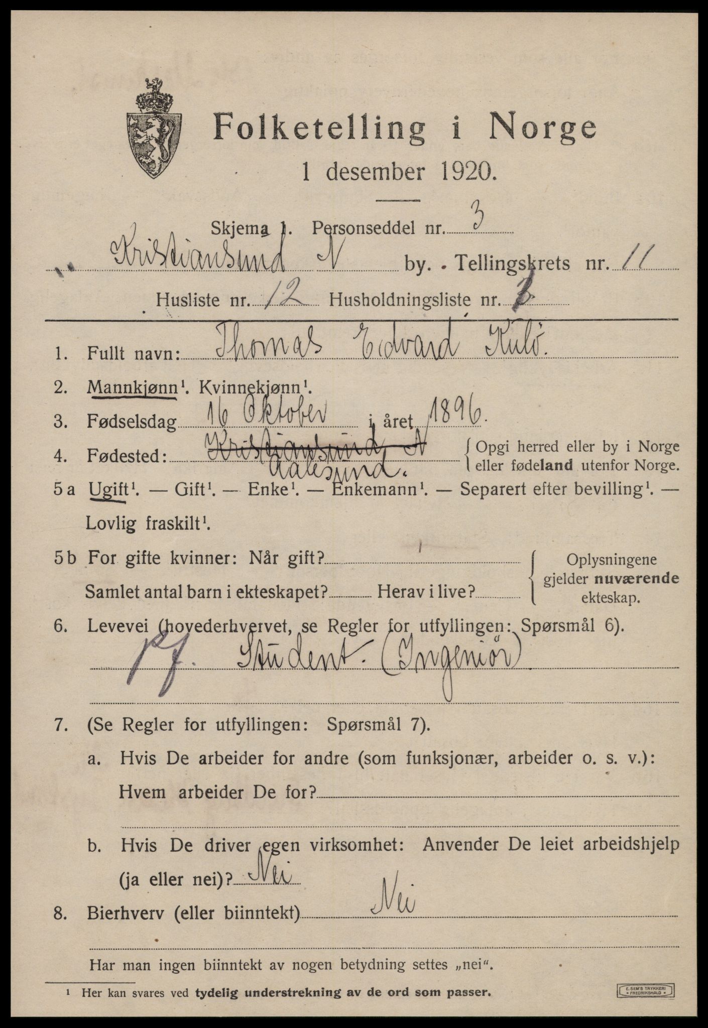 SAT, 1920 census for Kristiansund, 1920, p. 24293