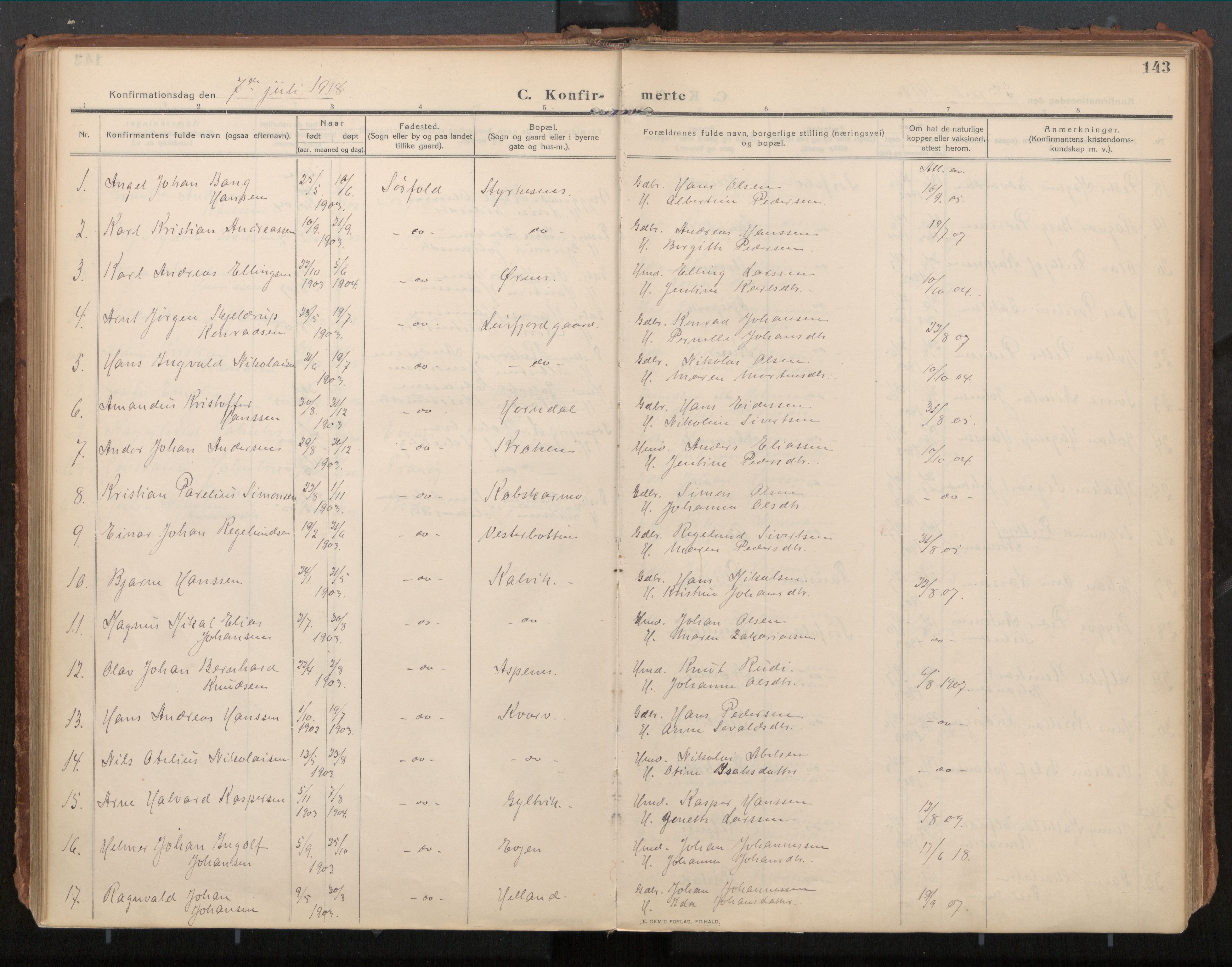 Ministerialprotokoller, klokkerbøker og fødselsregistre - Nordland, AV/SAT-A-1459/854/L0784: Parish register (official) no. 854A07, 1910-1922, p. 143