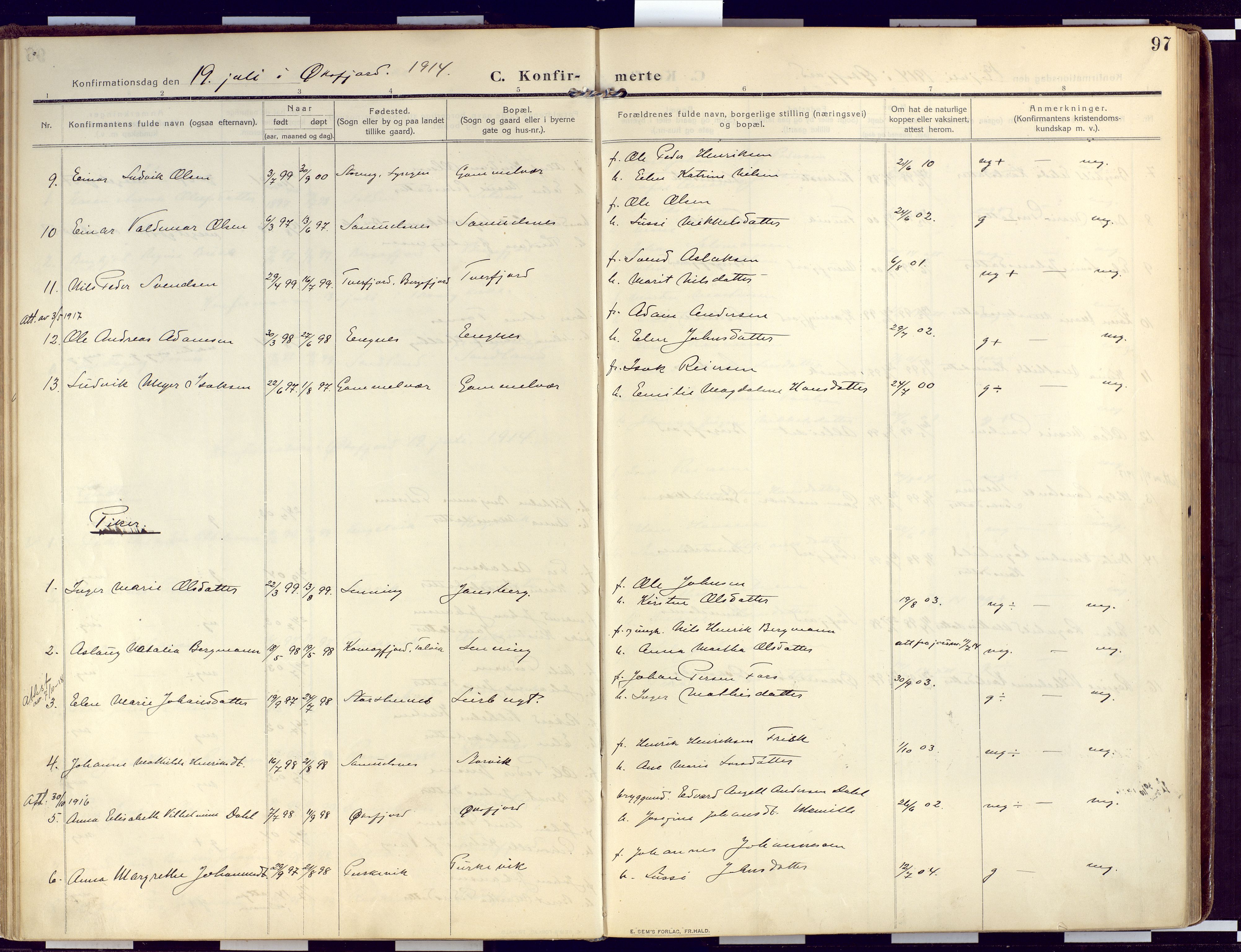 Loppa sokneprestkontor, SATØ/S-1339/H/Ha/L0011kirke: Parish register (official) no. 11, 1909-1919, p. 97