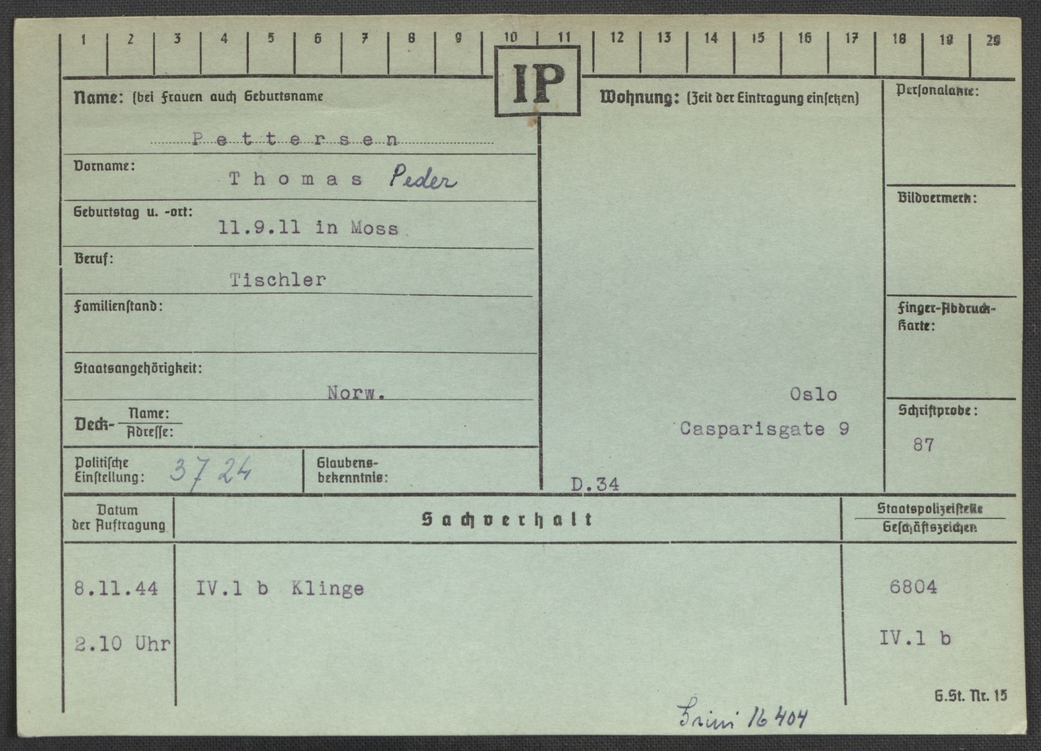 Befehlshaber der Sicherheitspolizei und des SD, AV/RA-RAFA-5969/E/Ea/Eaa/L0008: Register over norske fanger i Møllergata 19: Oelze-Ru, 1940-1945, p. 878