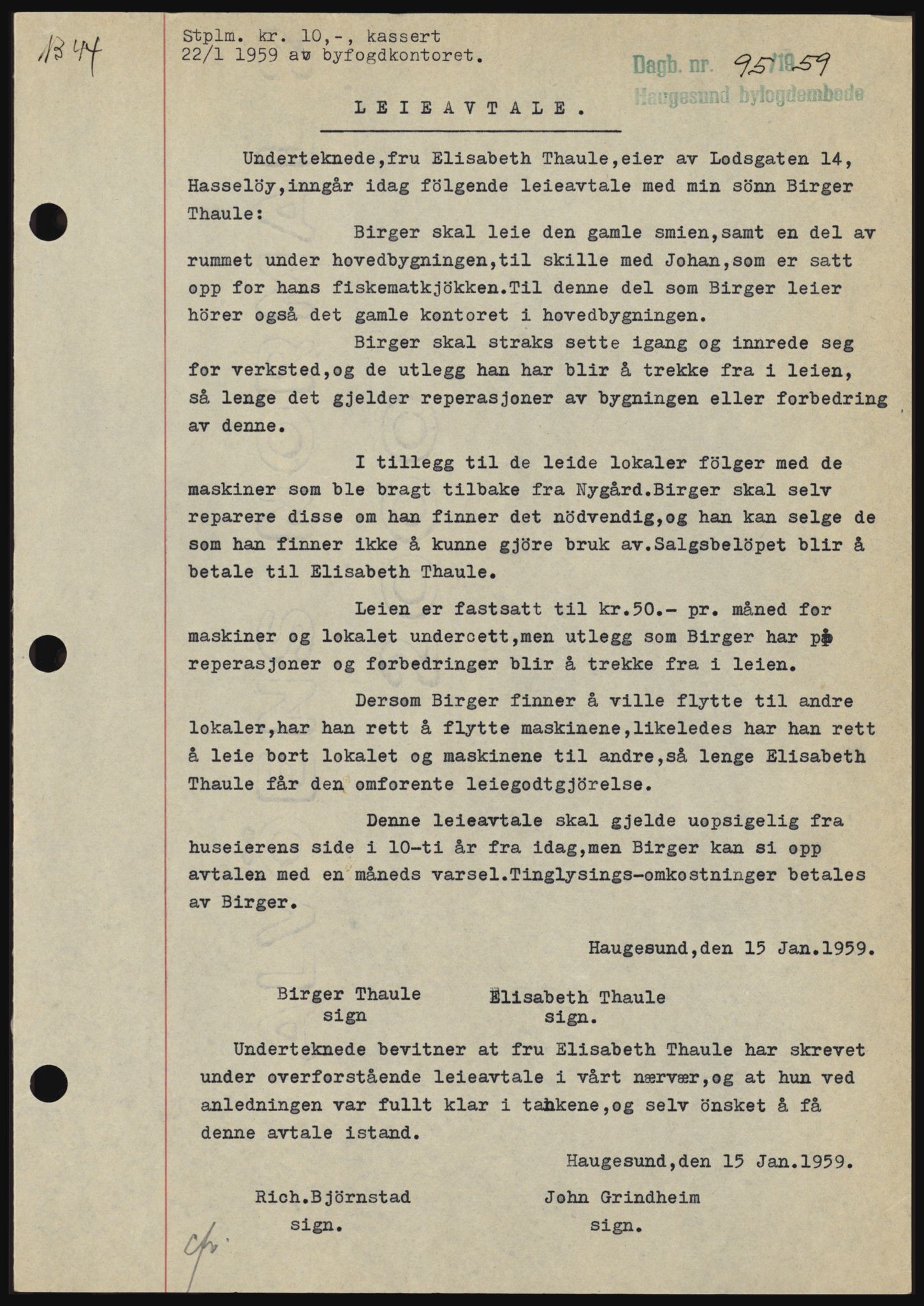 Haugesund tingrett, SAST/A-101415/01/II/IIC/L0044: Mortgage book no. B 44, 1958-1959, Diary no: : 95/1959