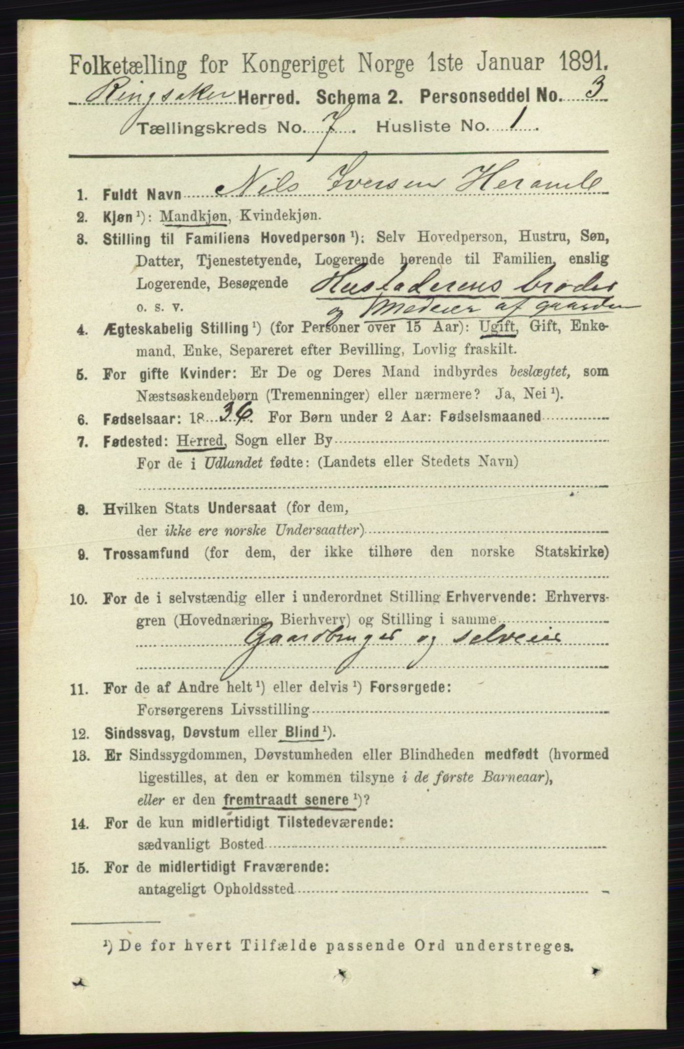 RA, 1891 census for 0412 Ringsaker, 1891, p. 3868