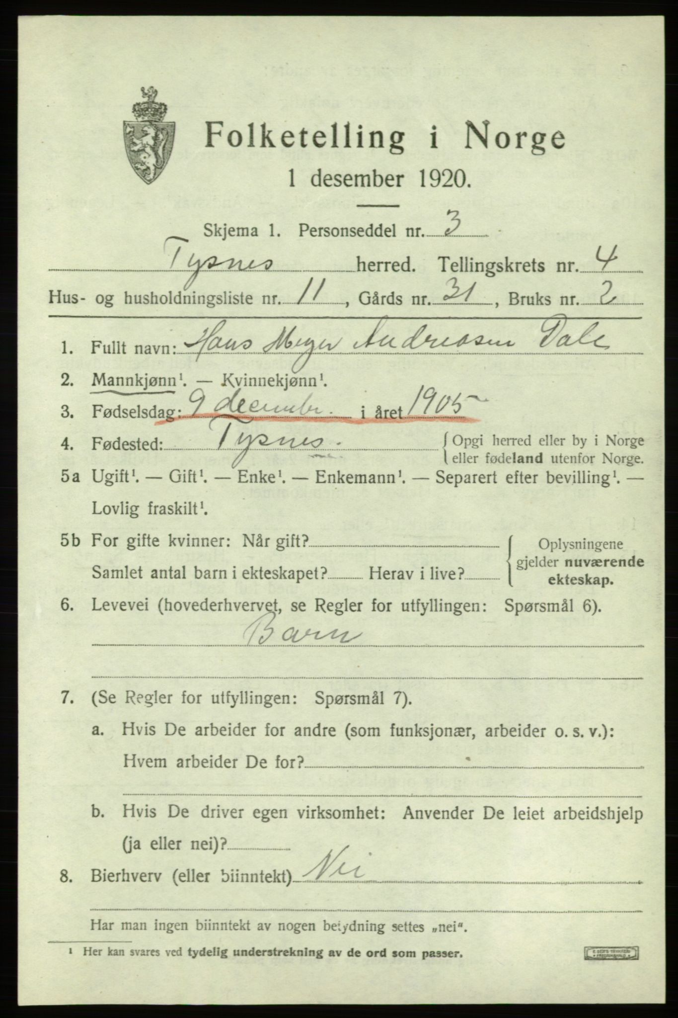 SAB, 1920 census for Tysnes, 1920, p. 3316