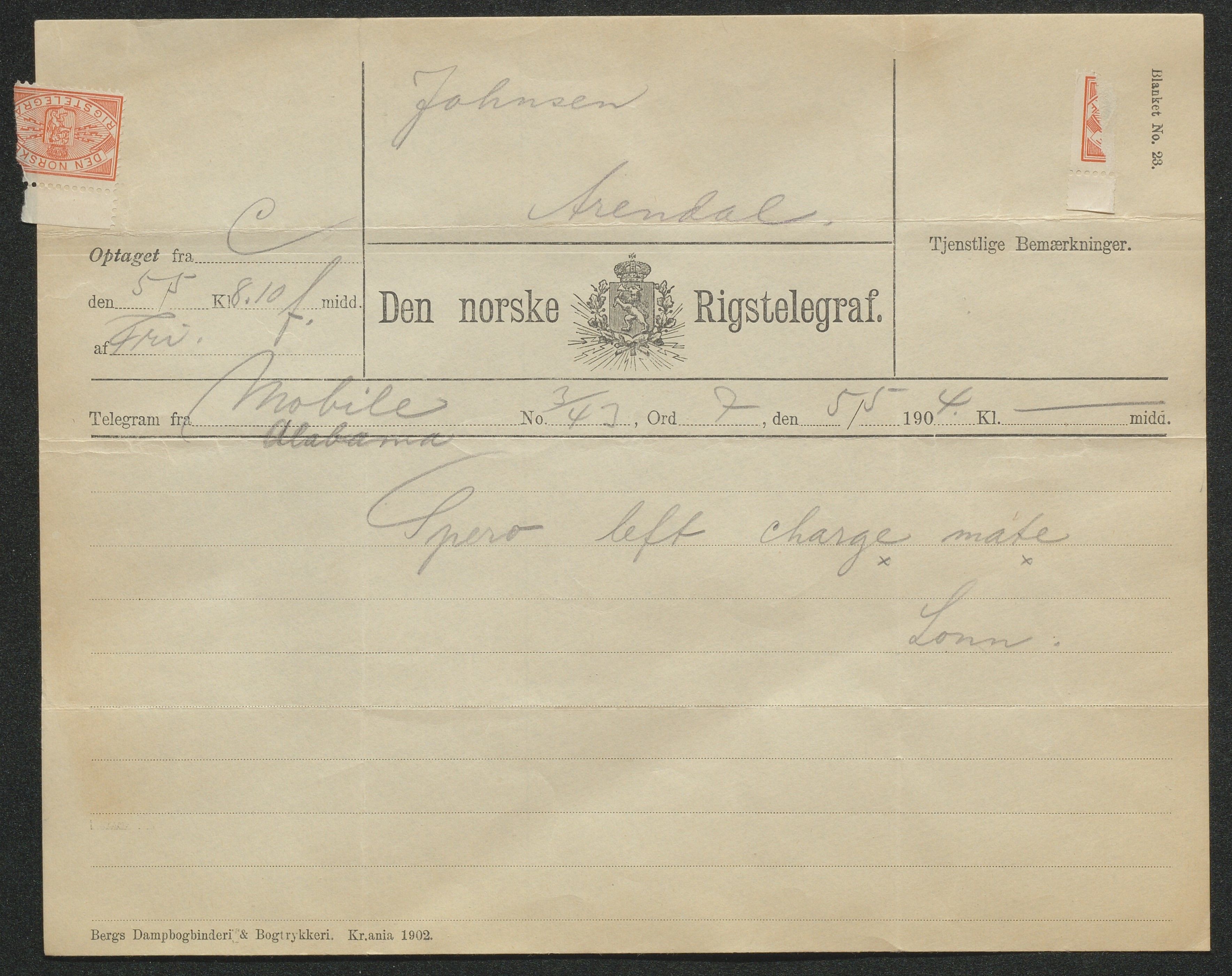 Arendals Dampskibsselskab (ADS), AAKS/PA-1716/1/15/L0018: Skipspapirer D/S Spero, 1898-1904