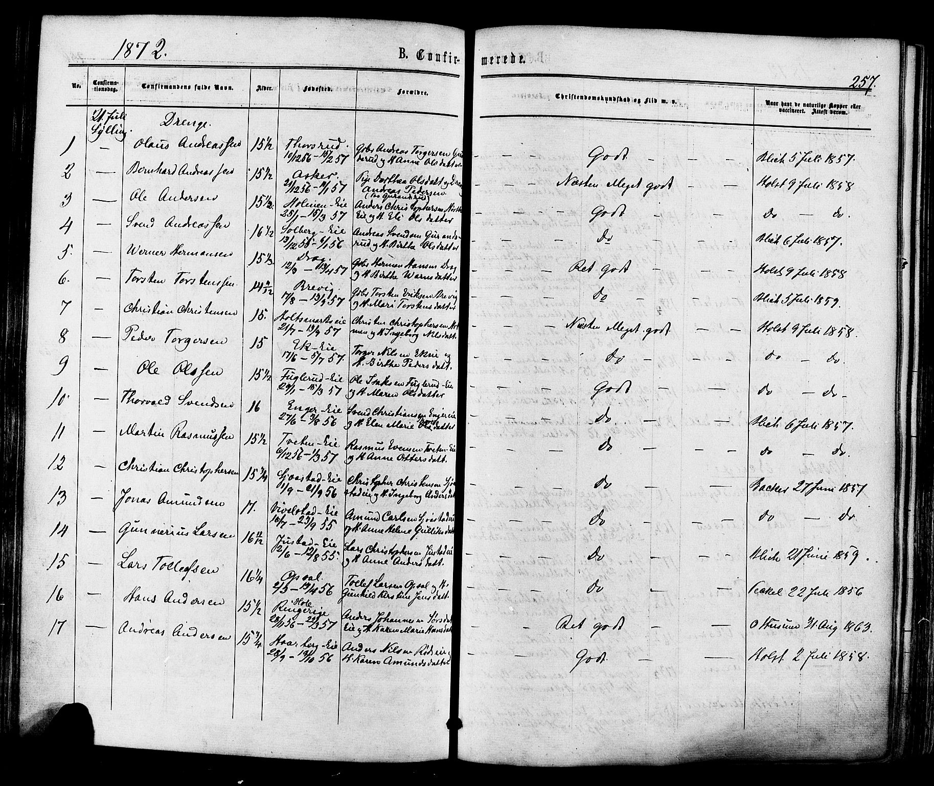 Lier kirkebøker, AV/SAKO-A-230/F/Fa/L0013: Parish register (official) no. I 13, 1865-1874, p. 257