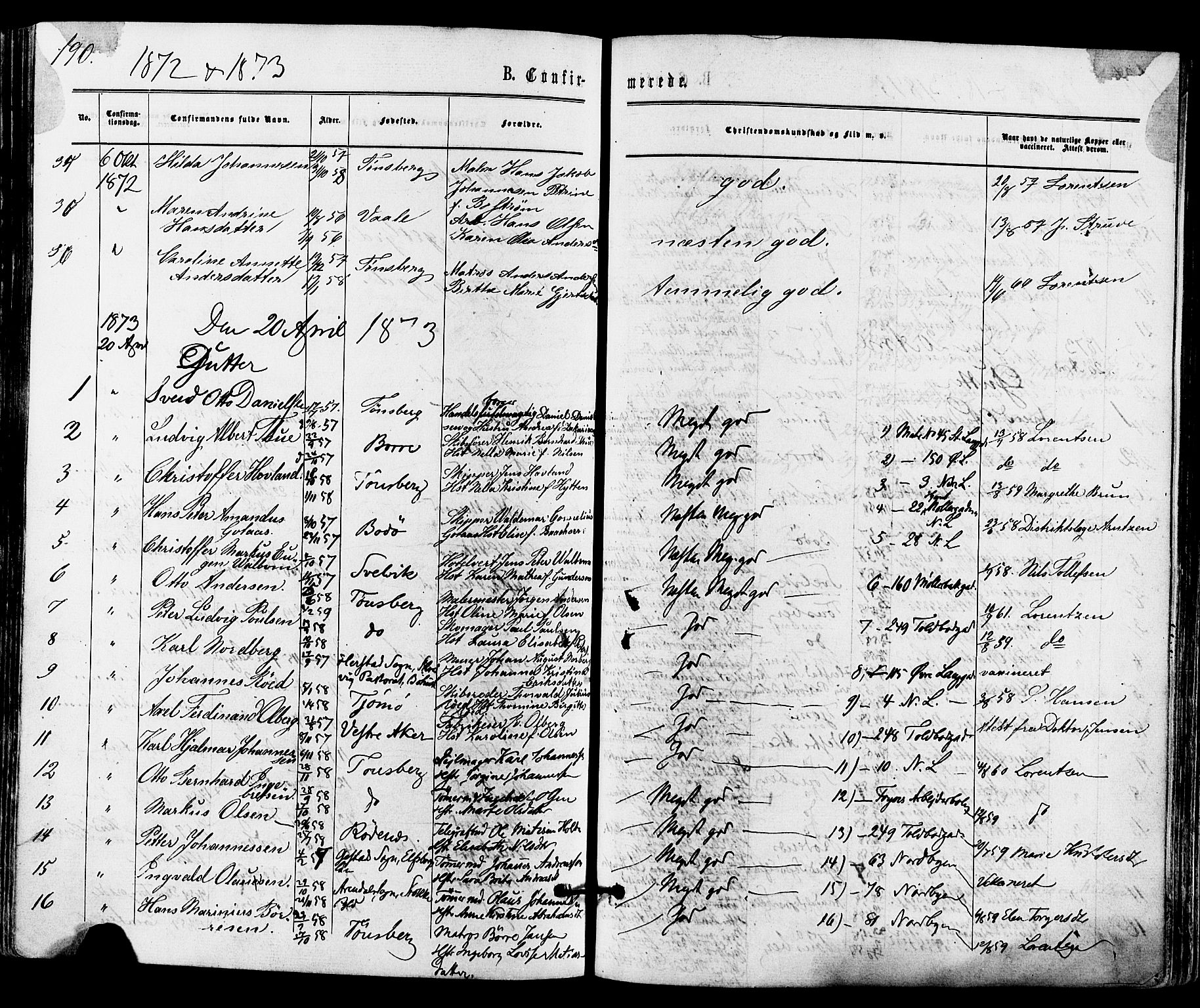 Tønsberg kirkebøker, SAKO/A-330/F/Fa/L0009: Parish register (official) no. I 9, 1865-1873, p. 190