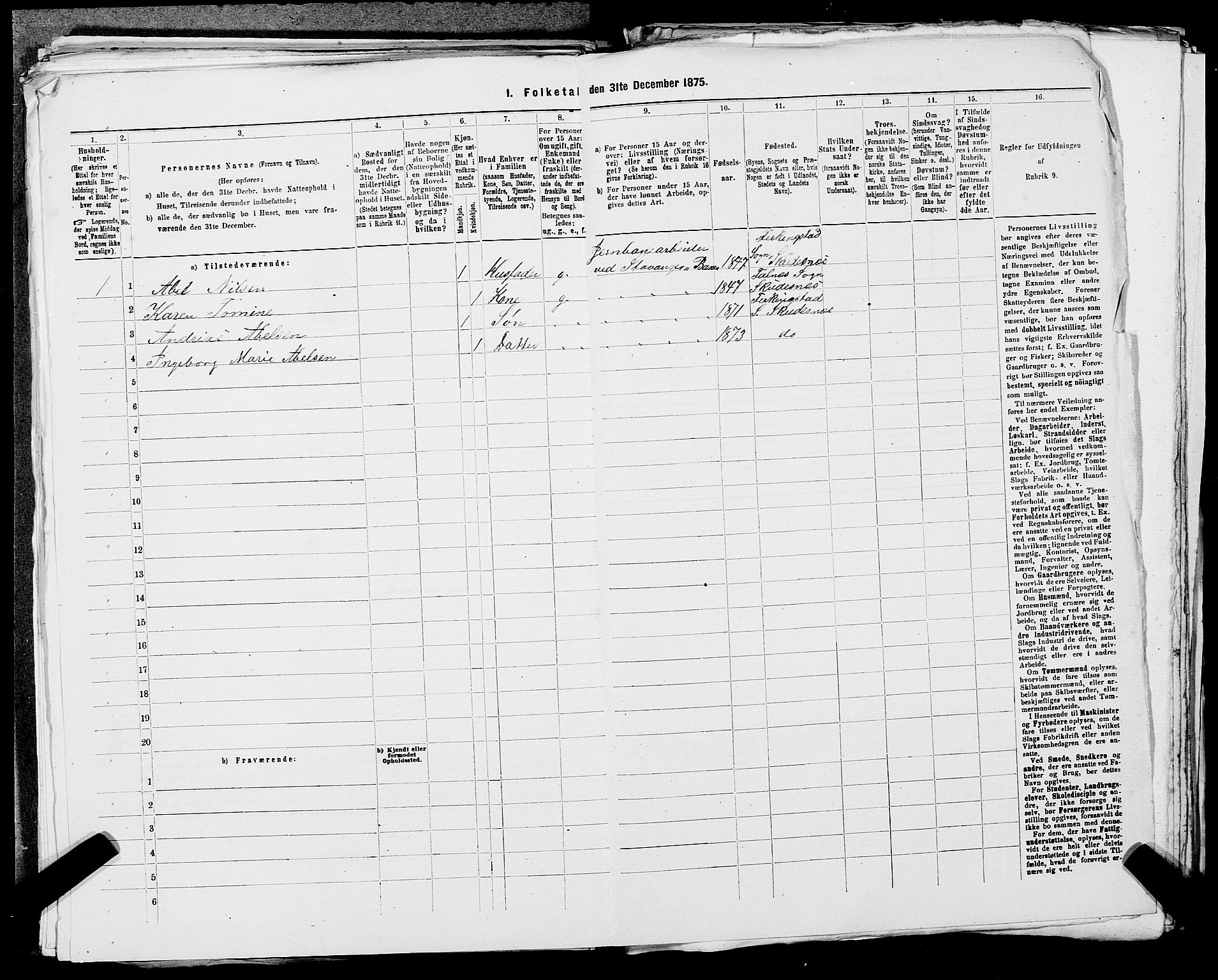 SAST, 1875 census for 1150L Skudenes/Falnes, Åkra og Ferkingstad, 1875, p. 1048