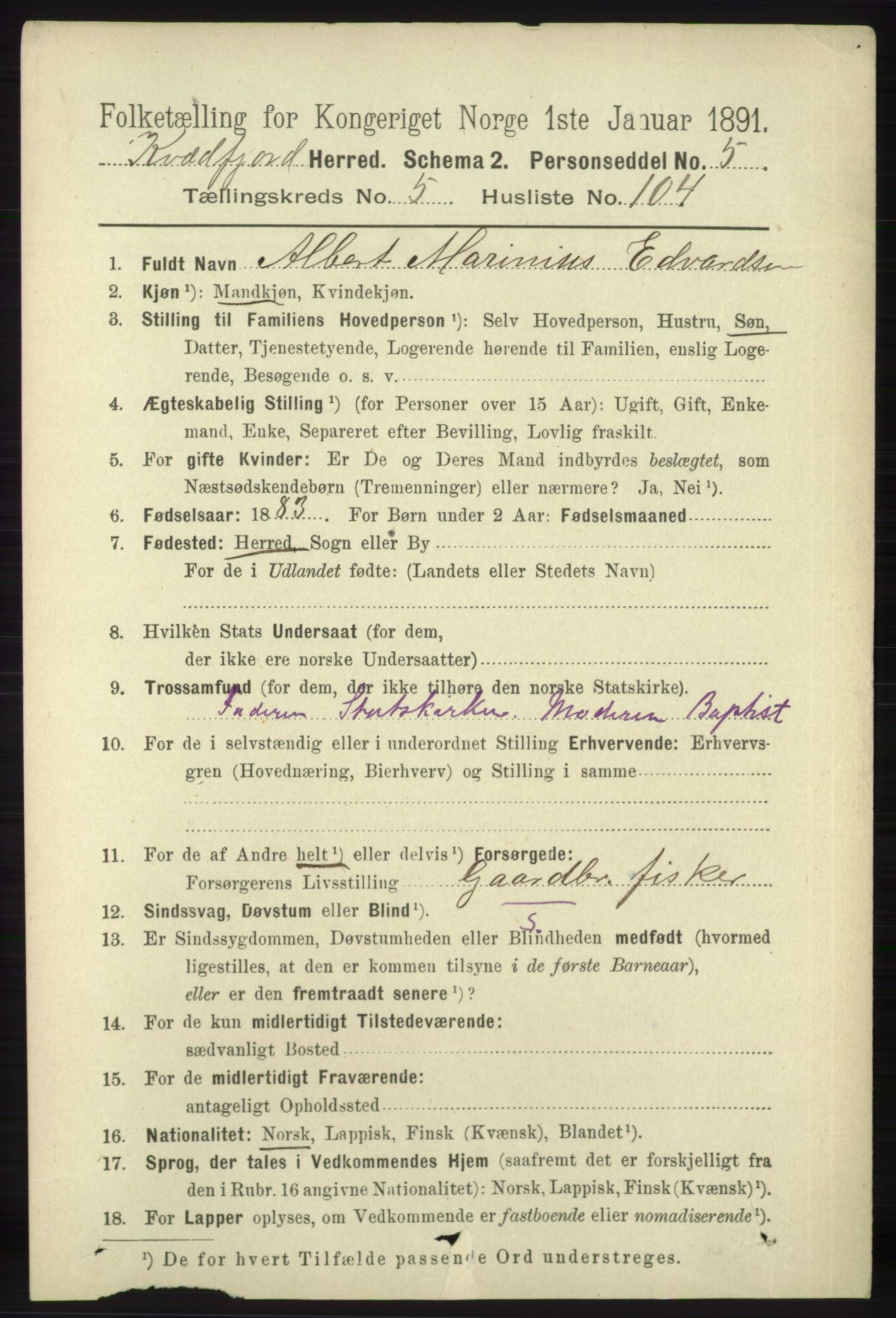 RA, 1891 census for 1911 Kvæfjord, 1891, p. 3498