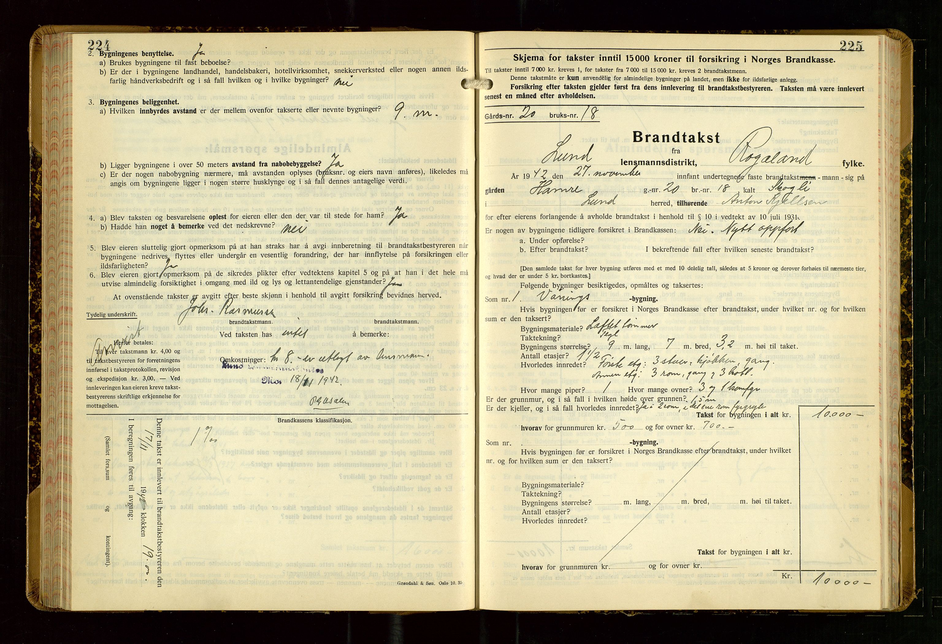 Lund lensmannskontor, AV/SAST-A-100303/Gob/L0006: "Brandtakstprotokoll", 1938-1951, p. 224-225