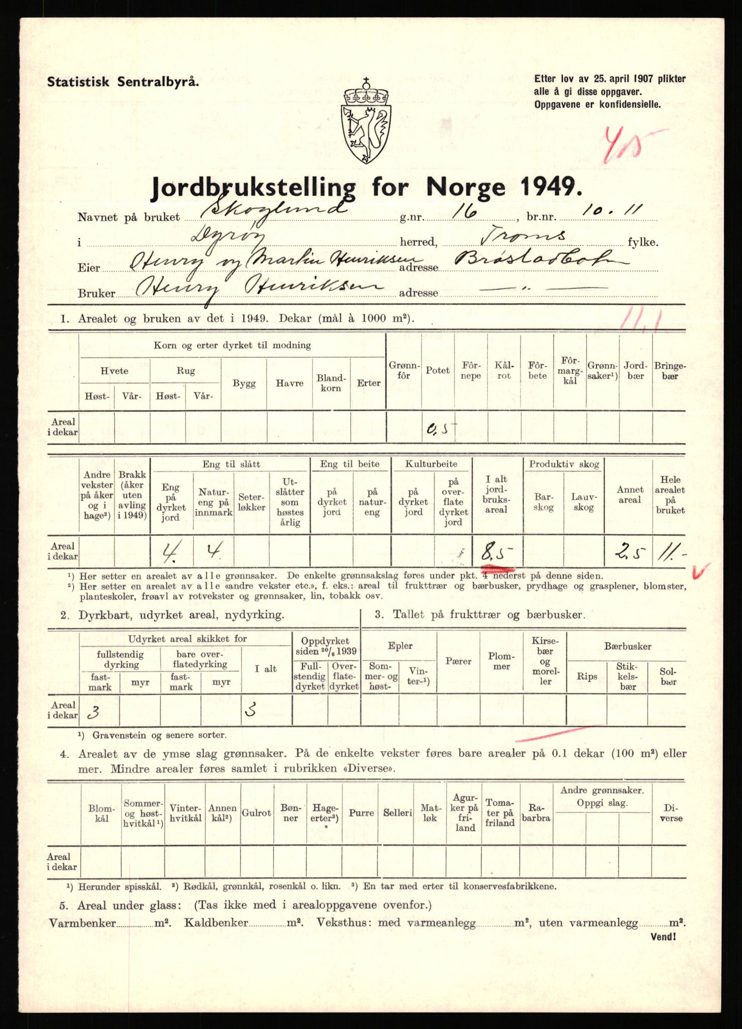 Statistisk sentralbyrå, Næringsøkonomiske emner, Jordbruk, skogbruk, jakt, fiske og fangst, AV/RA-S-2234/G/Gc/L0440: Troms: Sørreisa og Dyrøy, 1949, p. 942