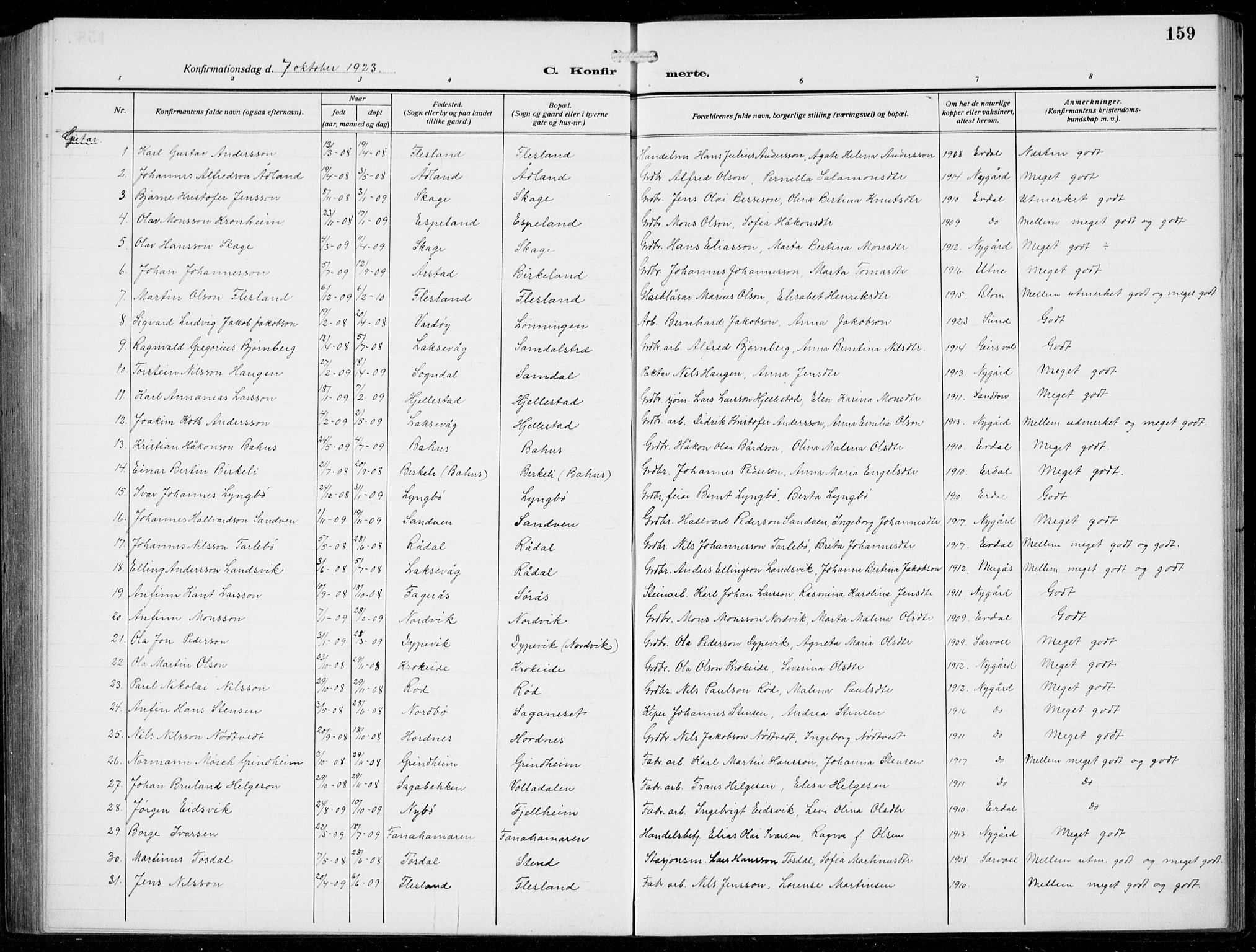 Fana Sokneprestembete, AV/SAB-A-75101/H/Hab/Haba/L0005: Parish register (copy) no. A 5, 1911-1932, p. 159