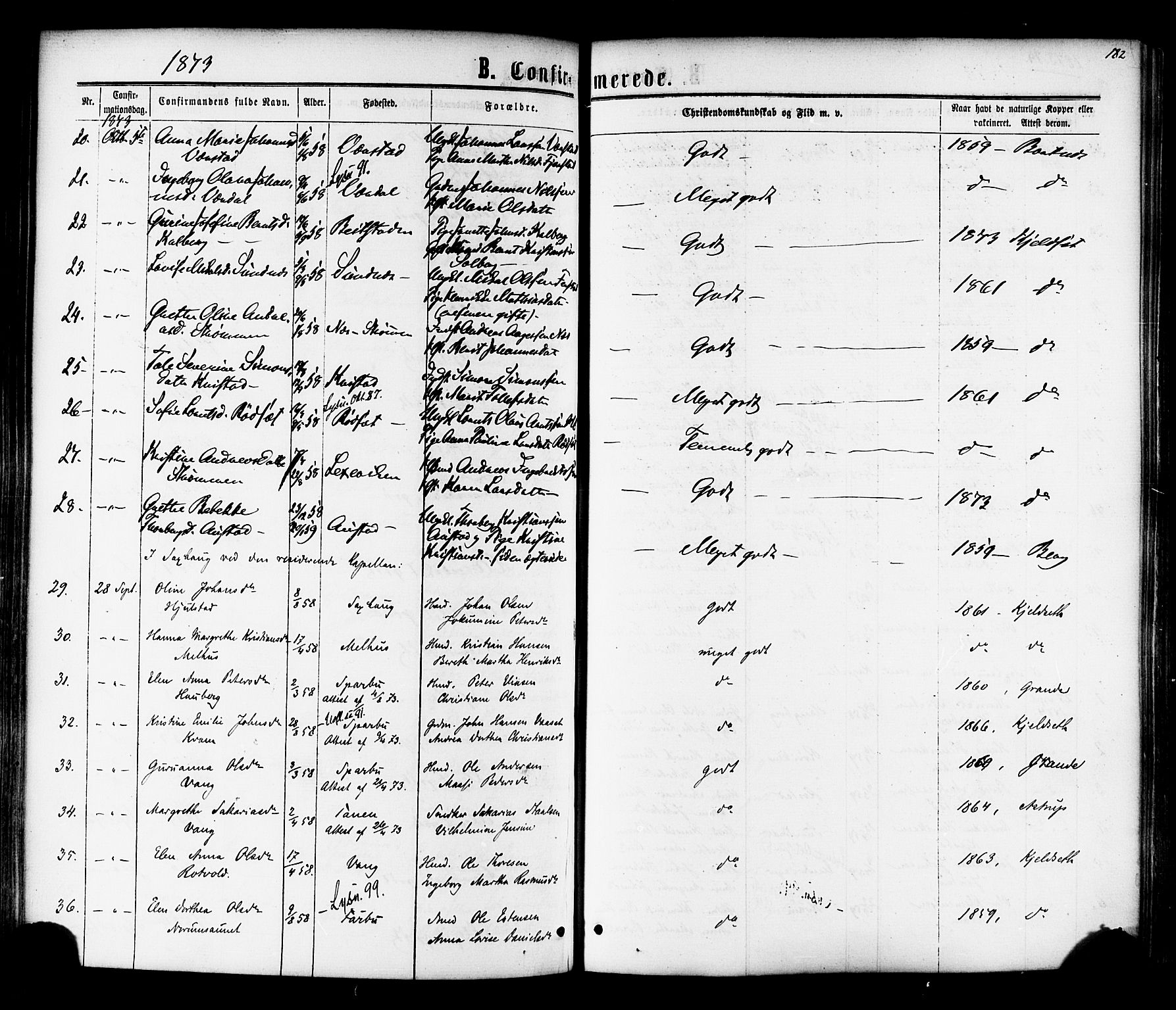 Ministerialprotokoller, klokkerbøker og fødselsregistre - Nord-Trøndelag, SAT/A-1458/730/L0284: Parish register (official) no. 730A09, 1866-1878, p. 182