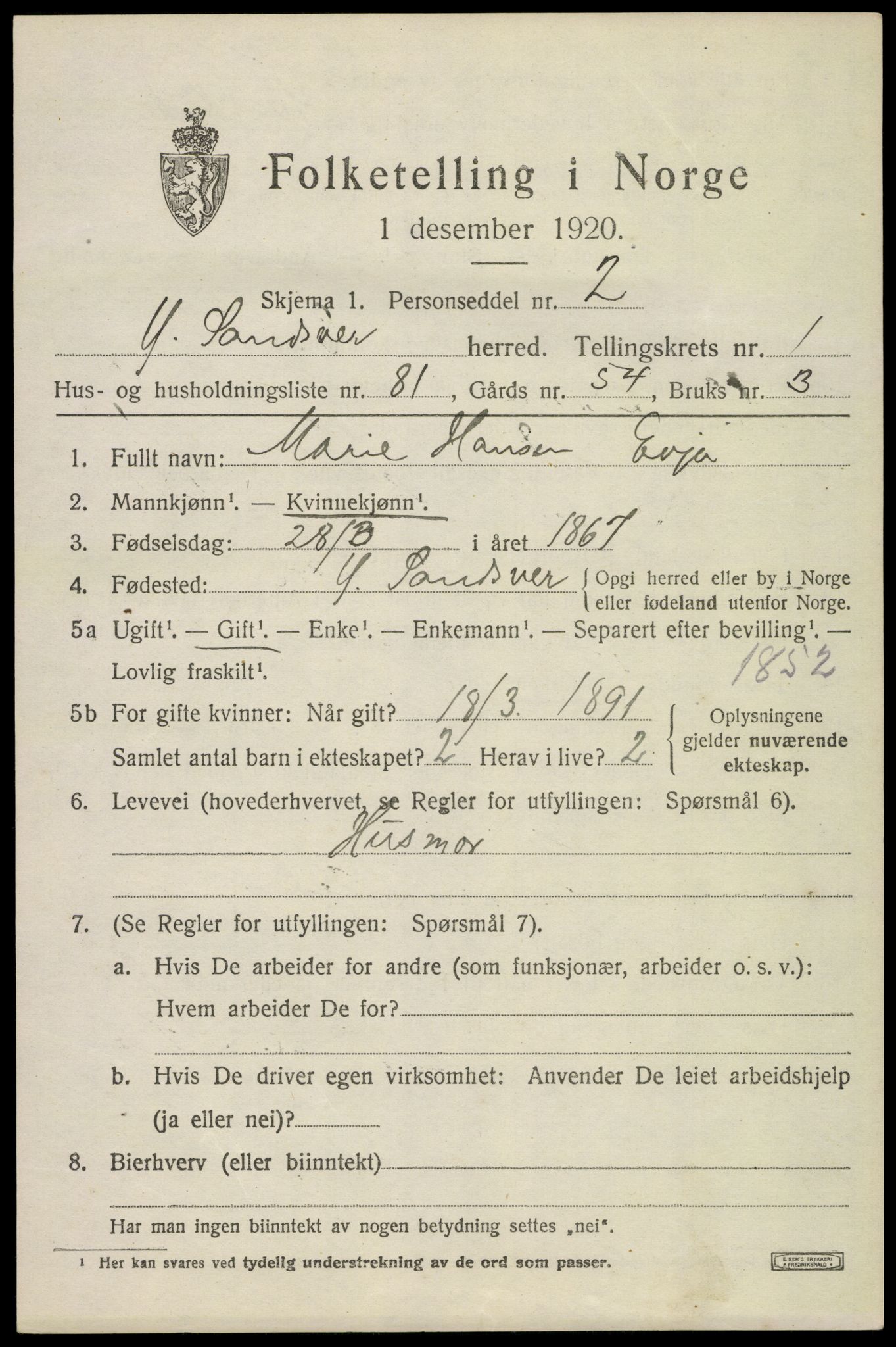 SAKO, 1920 census for Ytre Sandsvær, 1920, p. 2058