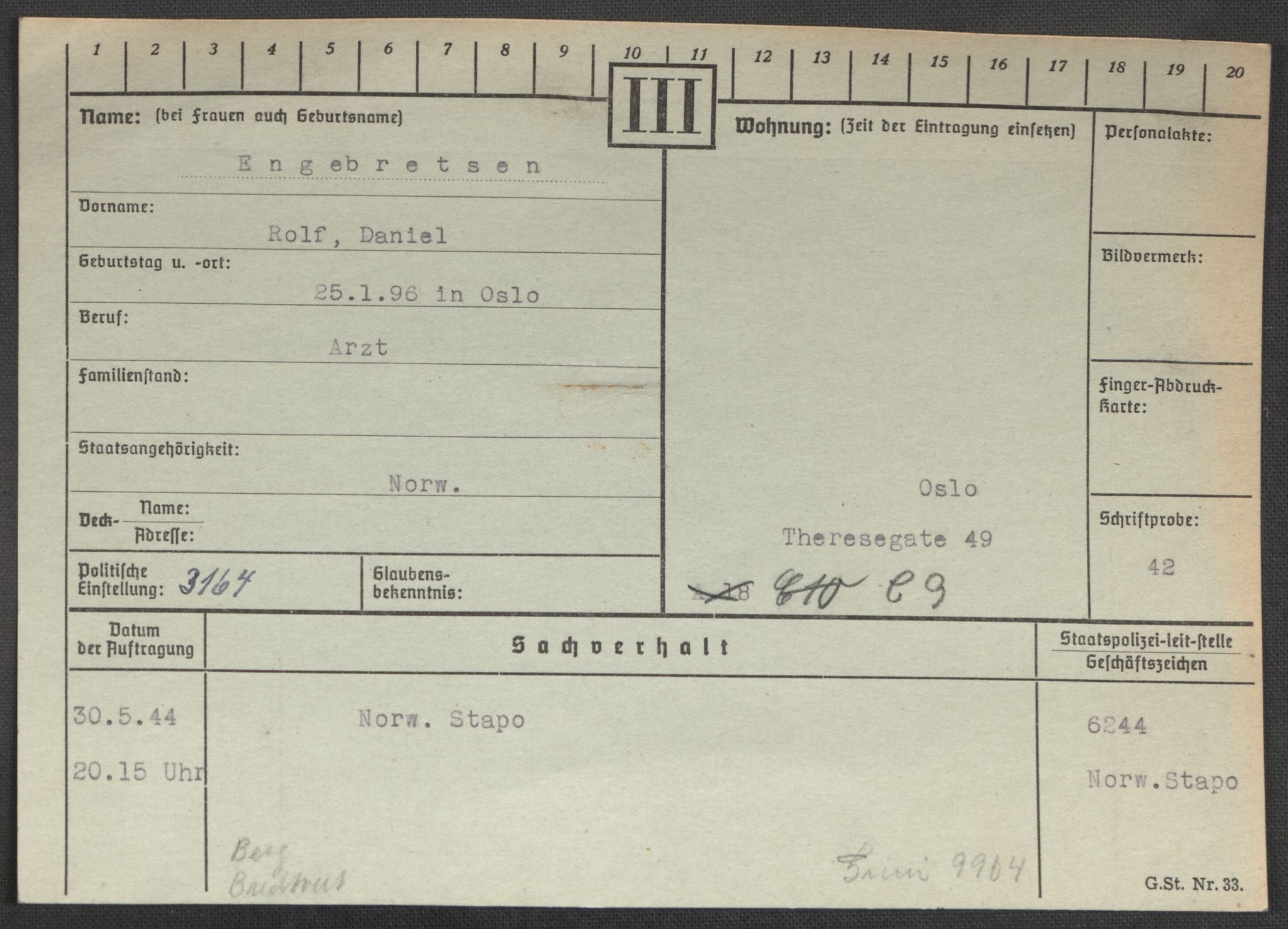 Befehlshaber der Sicherheitspolizei und des SD, AV/RA-RAFA-5969/E/Ea/Eaa/L0002: Register over norske fanger i Møllergata 19: Bj-Eng, 1940-1945, p. 1345