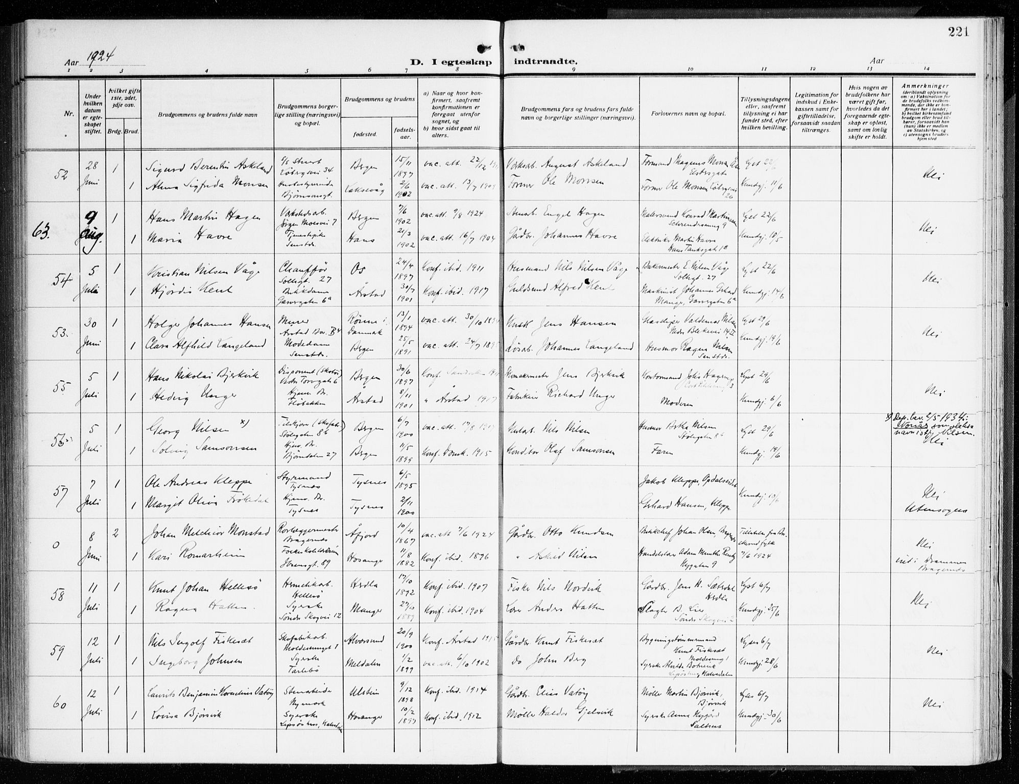 Årstad Sokneprestembete, AV/SAB-A-79301/H/Haa/L0004: Parish register (official) no. A 4, 1919-1928, p. 221