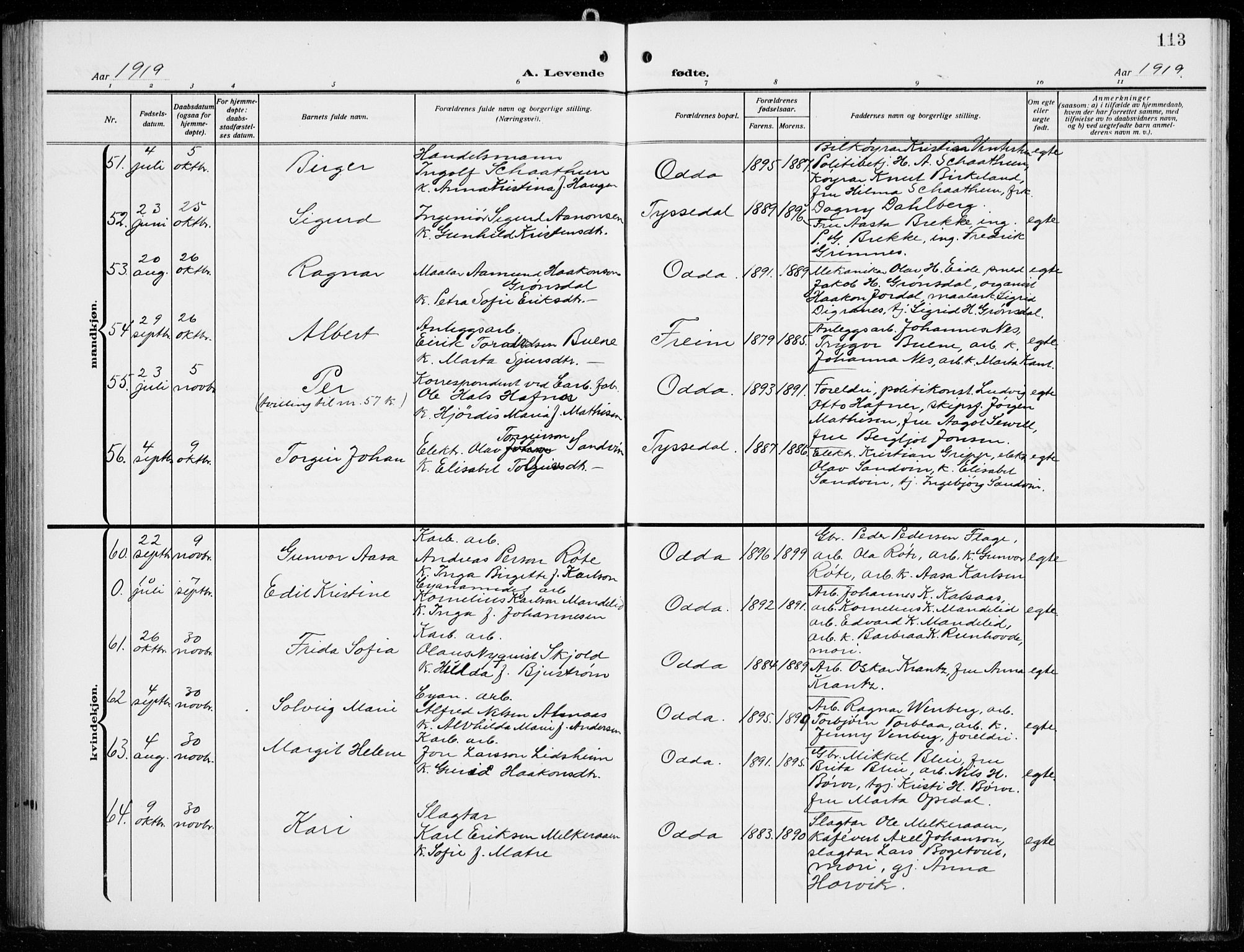 Odda Sokneprestembete, AV/SAB-A-77201/H/Hab: Parish register (copy) no. B  2, 1910-1923, p. 113