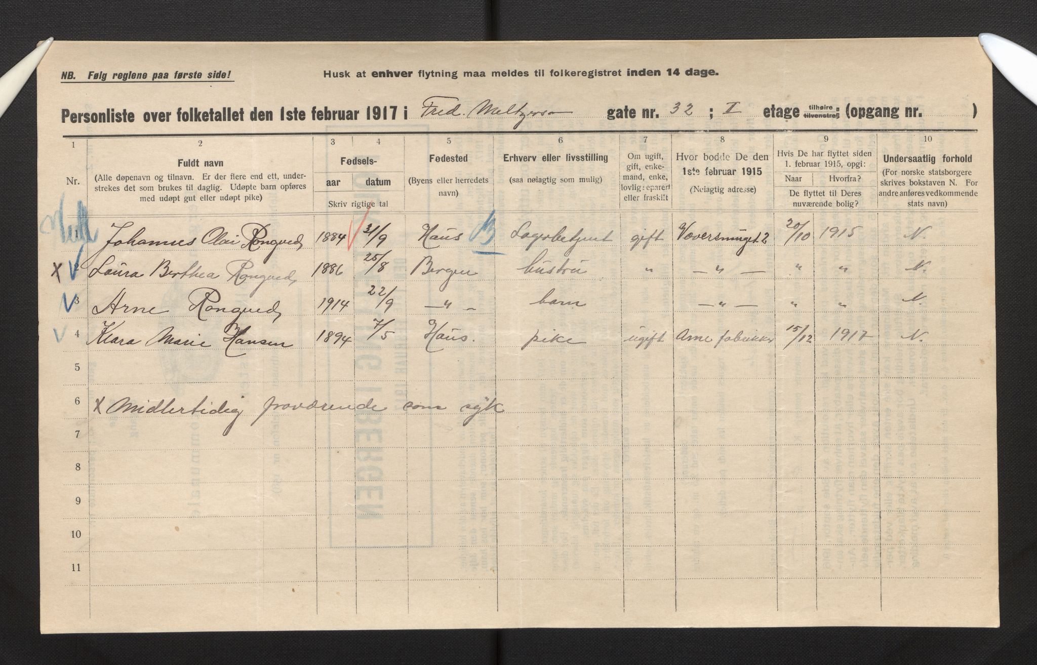 SAB, Municipal Census 1917 for Bergen, 1917, p. 9125