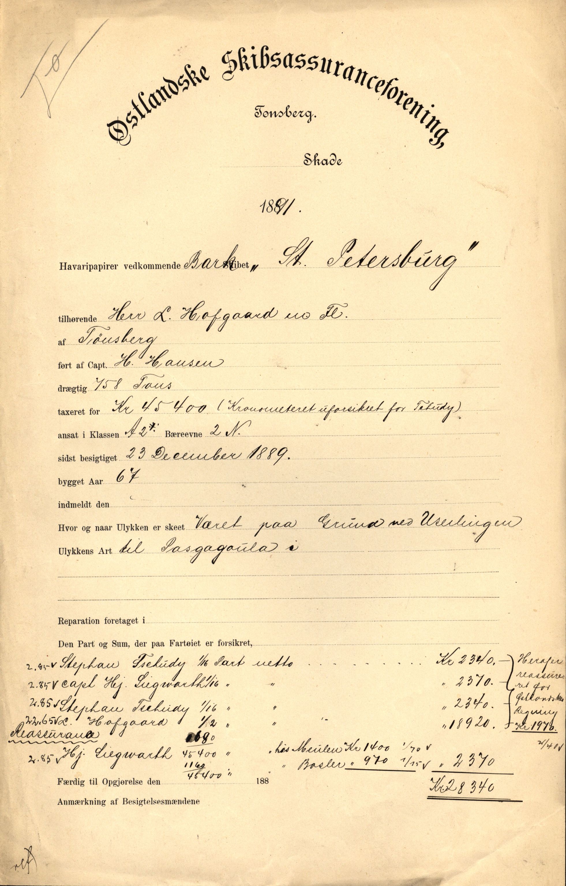 Pa 63 - Østlandske skibsassuranceforening, VEMU/A-1079/G/Ga/L0027/0002: Havaridokumenter / Jarlen, Jarl, St. Petersburg, Sir John Lawrence, Sirius, 1891, p. 70