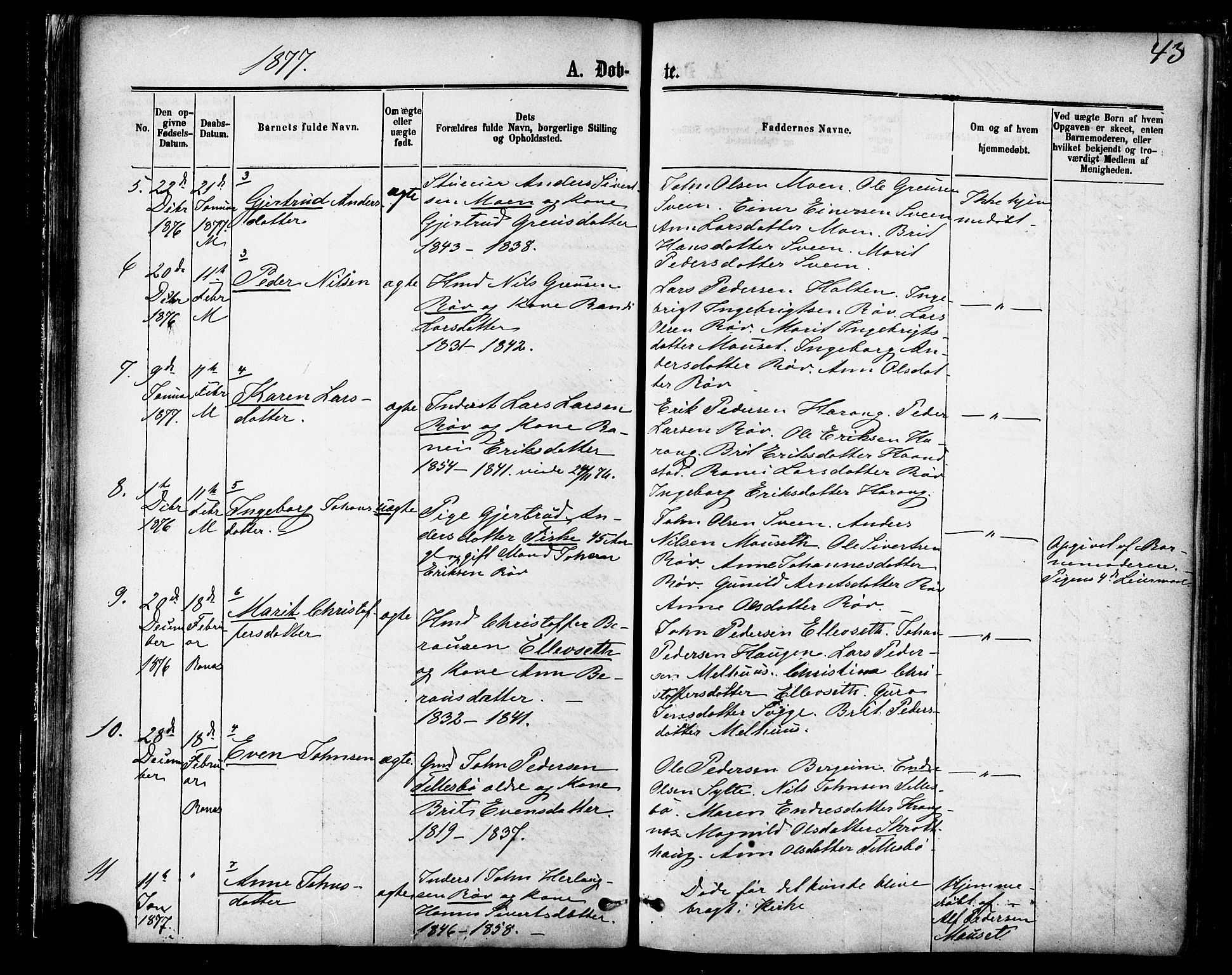 Ministerialprotokoller, klokkerbøker og fødselsregistre - Møre og Romsdal, SAT/A-1454/595/L1046: Parish register (official) no. 595A08, 1874-1884, p. 43