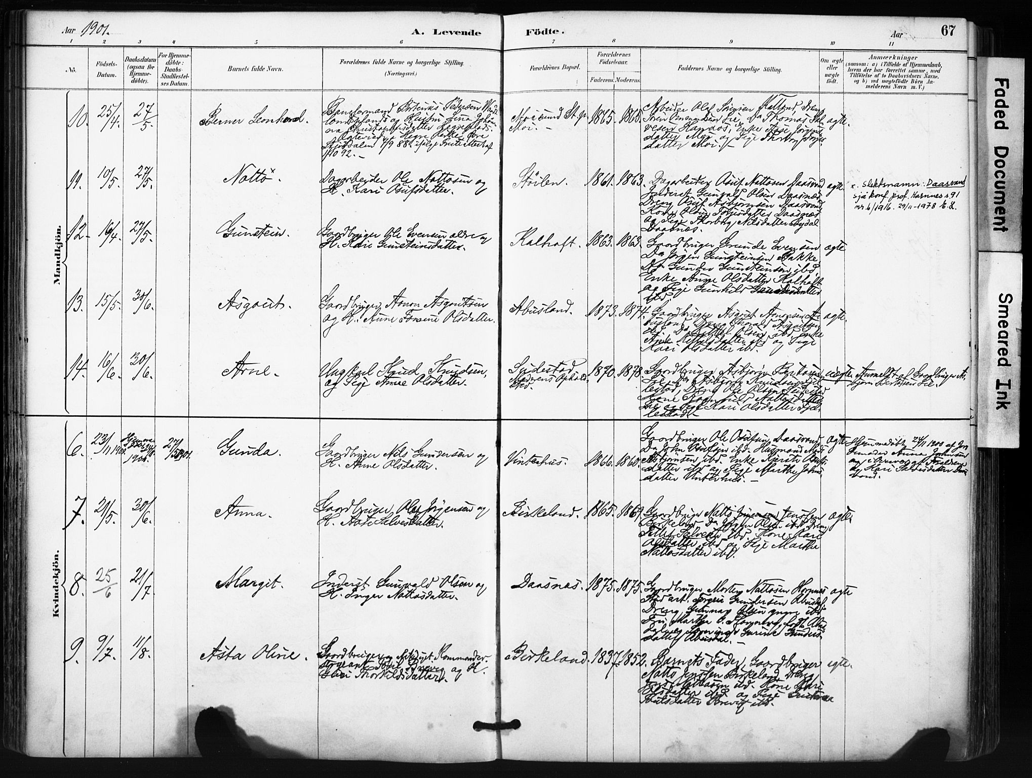 Evje sokneprestkontor, SAK/1111-0008/F/Fa/Fab/L0003: Parish register (official) no. A 3, 1884-1909, p. 67