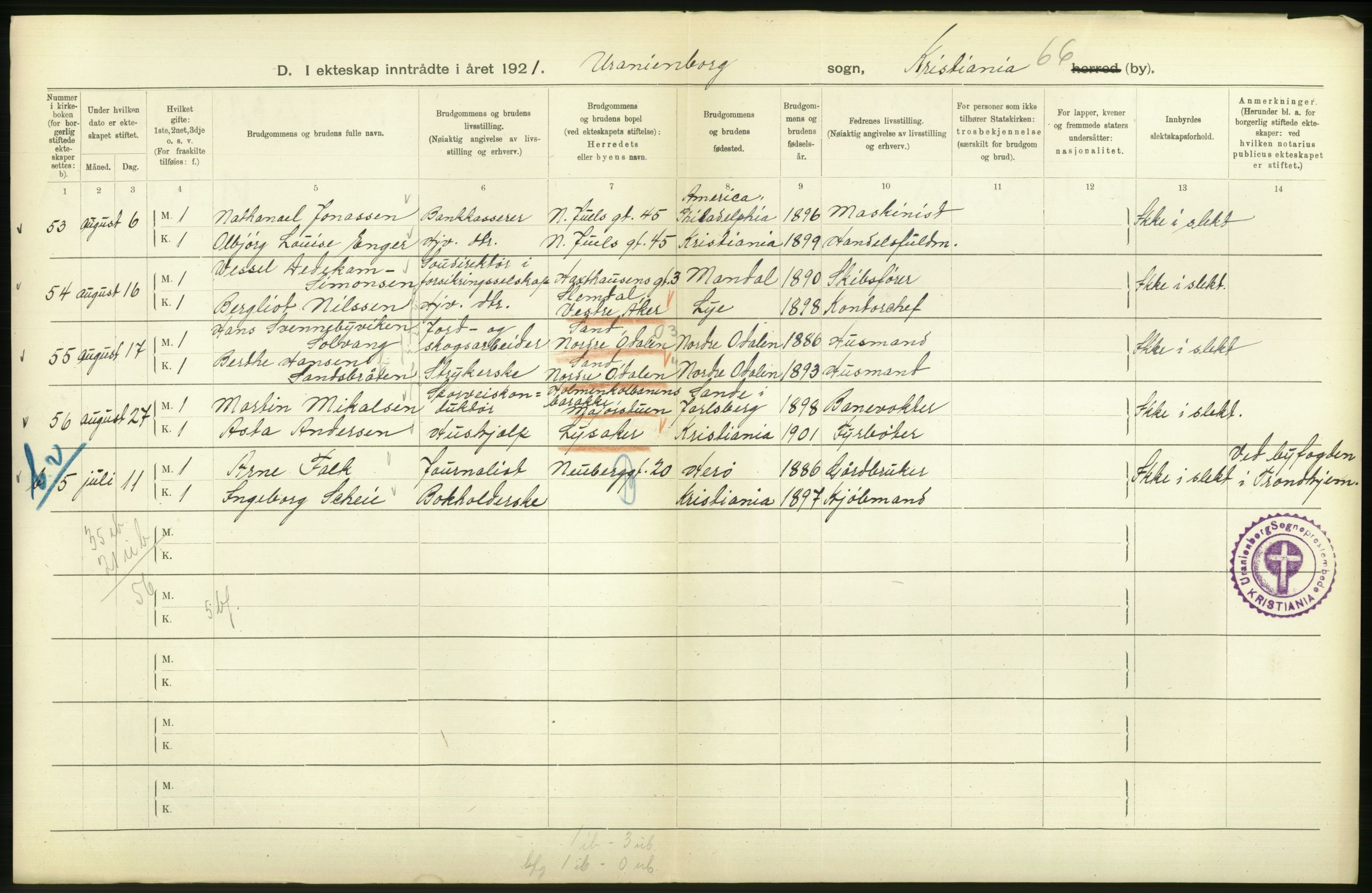 Statistisk sentralbyrå, Sosiodemografiske emner, Befolkning, AV/RA-S-2228/D/Df/Dfc/Dfca/L0011: Kristiania: Gifte, 1921, p. 238