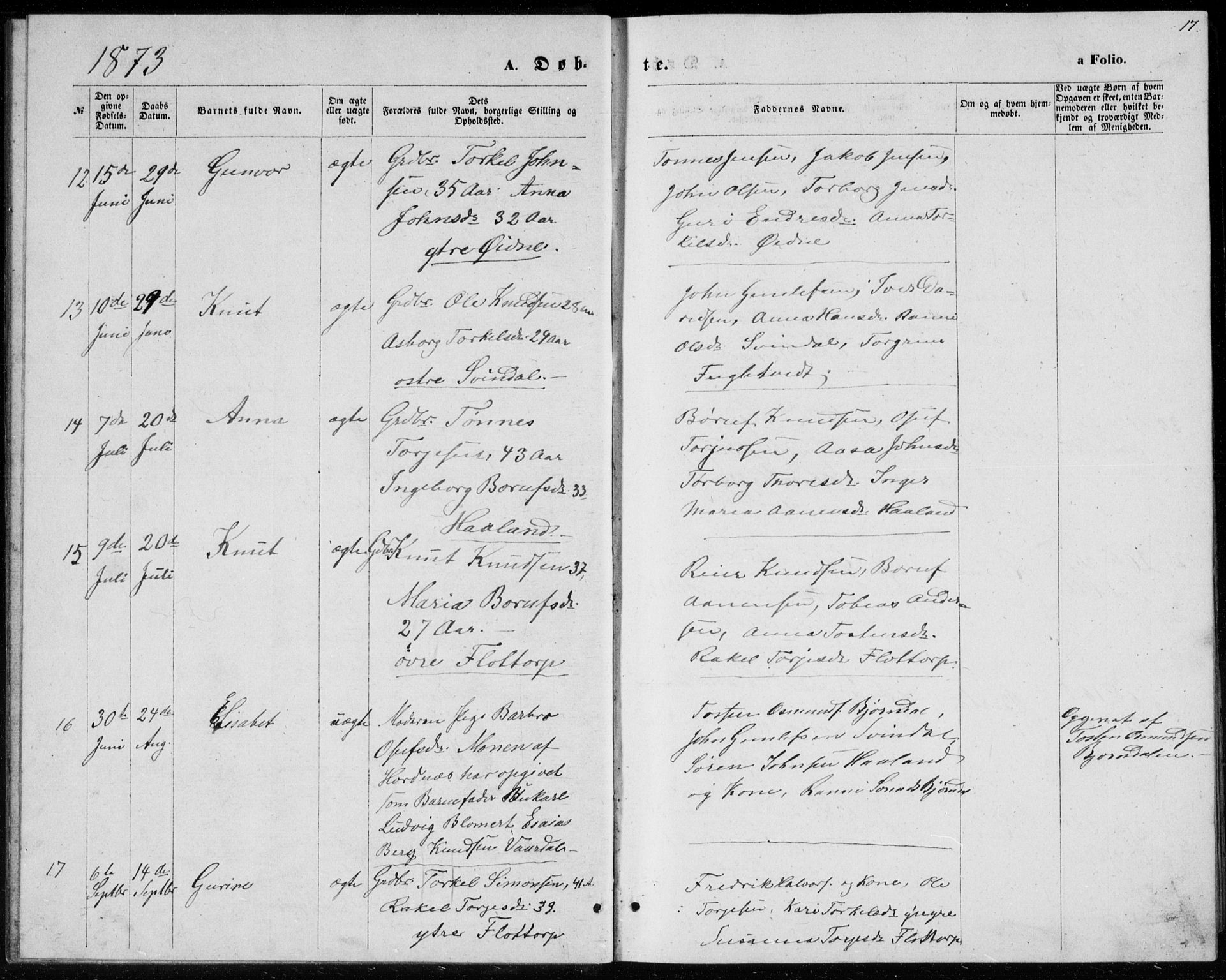 Bjelland sokneprestkontor, AV/SAK-1111-0005/F/Fb/Fbc/L0002: Parish register (copy) no. B 2, 1867-1887, p. 17