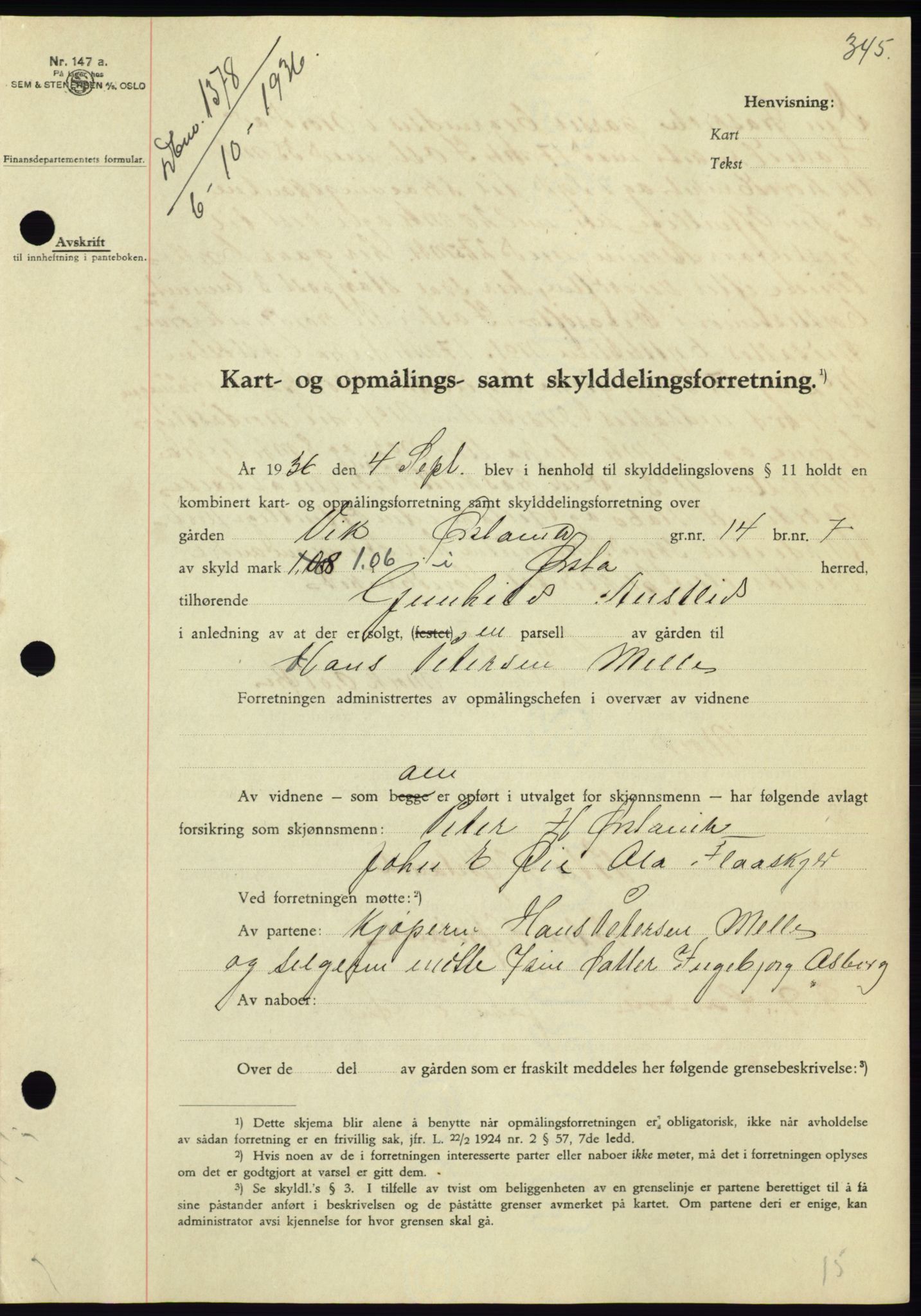 Søre Sunnmøre sorenskriveri, AV/SAT-A-4122/1/2/2C/L0061: Mortgage book no. 55, 1936-1936, Diary no: : 1378/1936