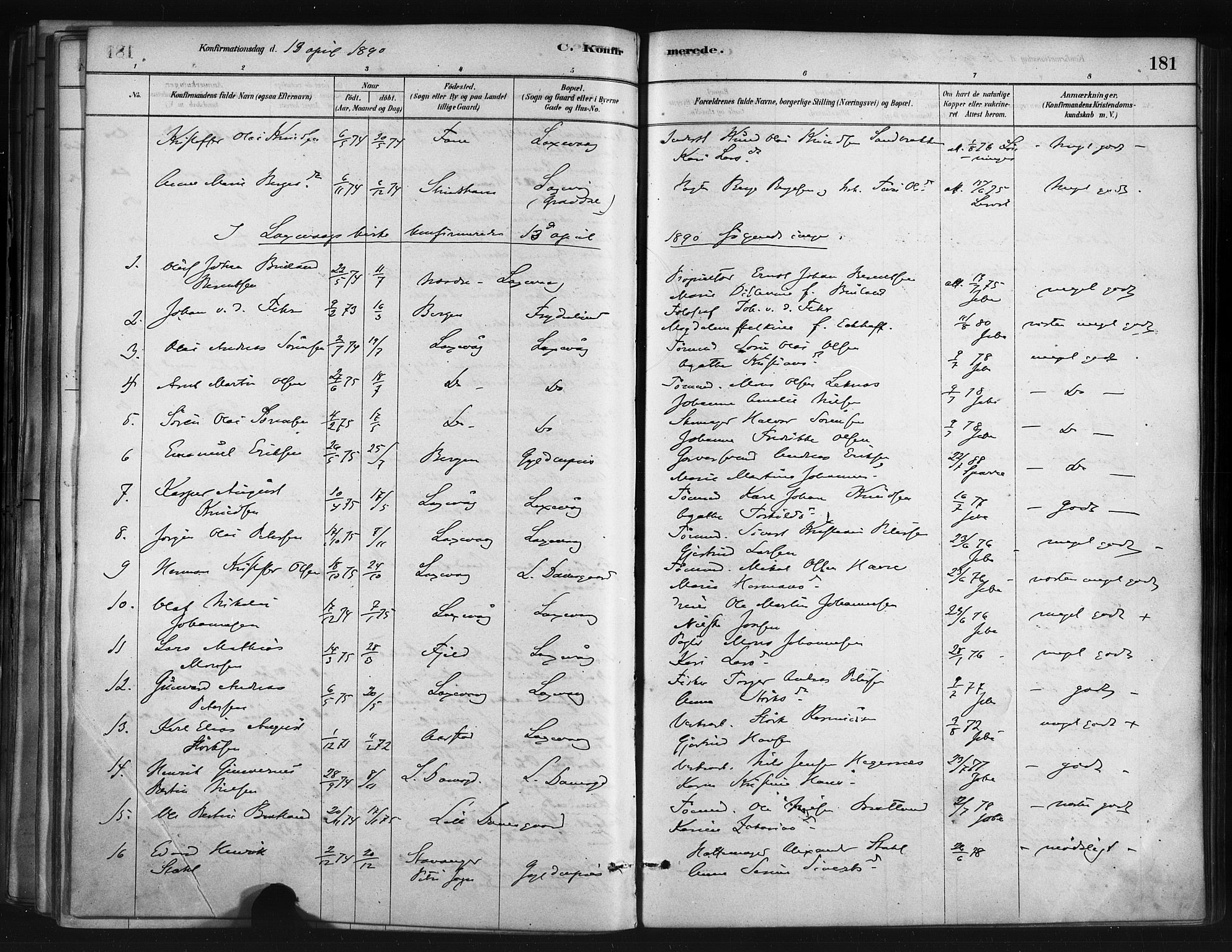 Askøy Sokneprestembete, SAB/A-74101/H/Ha/Haa/Haae/L0002: Parish register (official) no. E 2, 1878-1891, p. 181