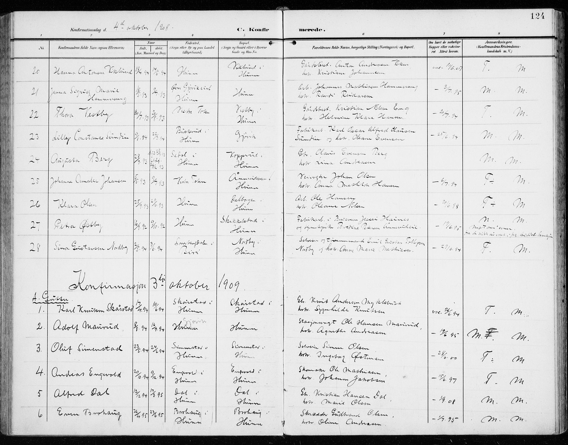 Vardal prestekontor, SAH/PREST-100/H/Ha/Haa/L0016: Parish register (official) no. 16, 1904-1916, p. 124