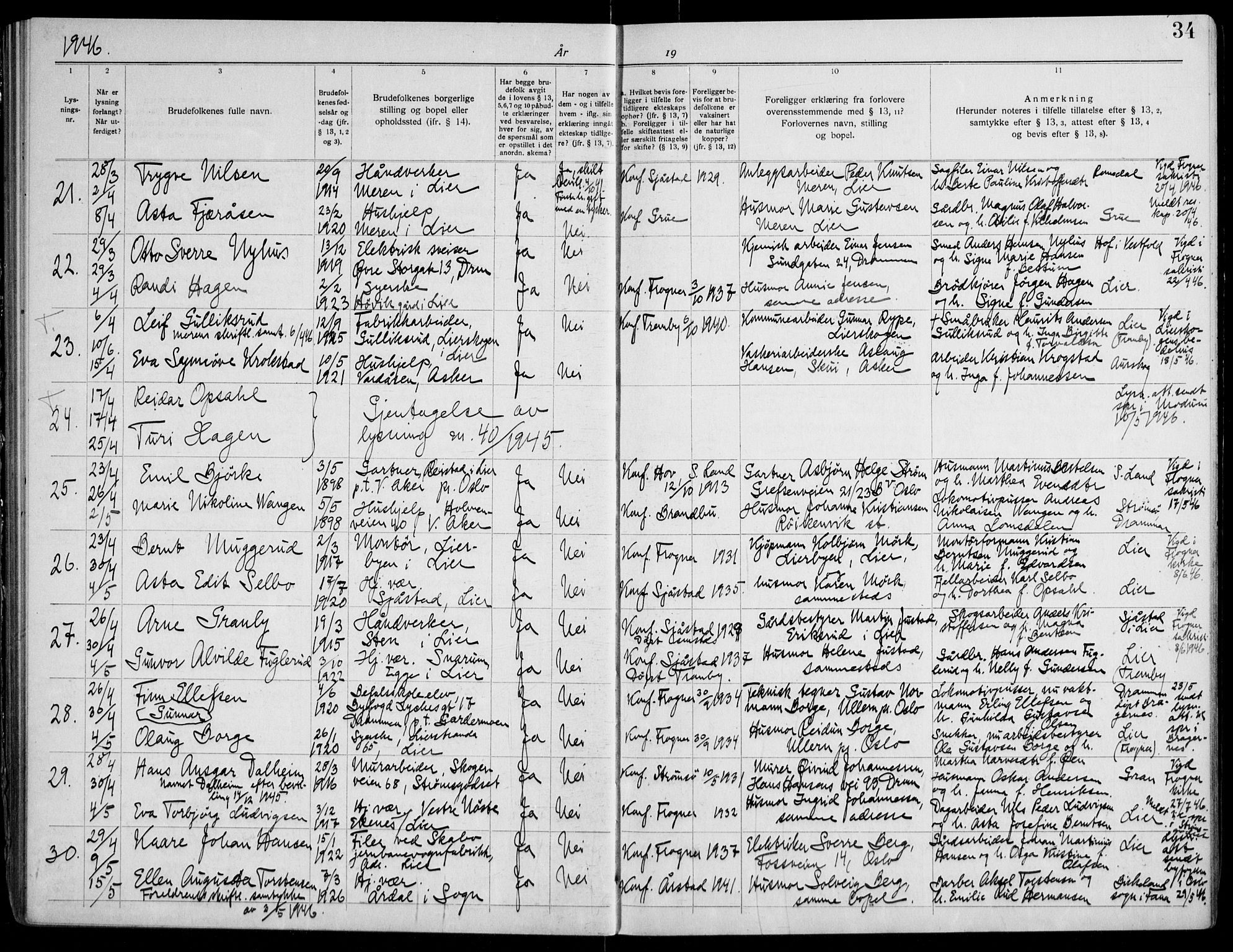 Lier kirkebøker, AV/SAKO-A-230/H/Ha/L0003: Banns register no. 3, 1940-1955, p. 34
