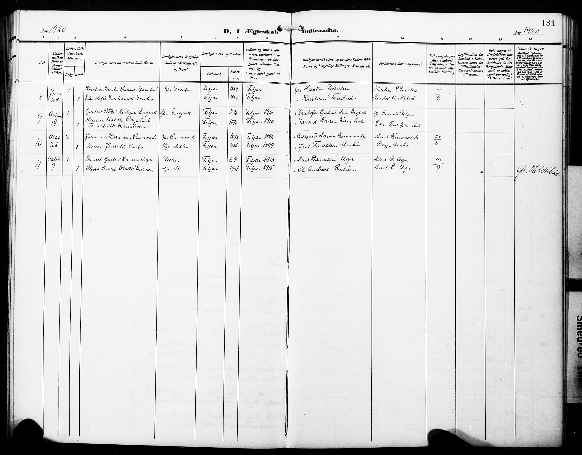 Fitjar sokneprestembete, AV/SAB-A-99926: Parish register (copy) no. B 1, 1906-1928, p. 181