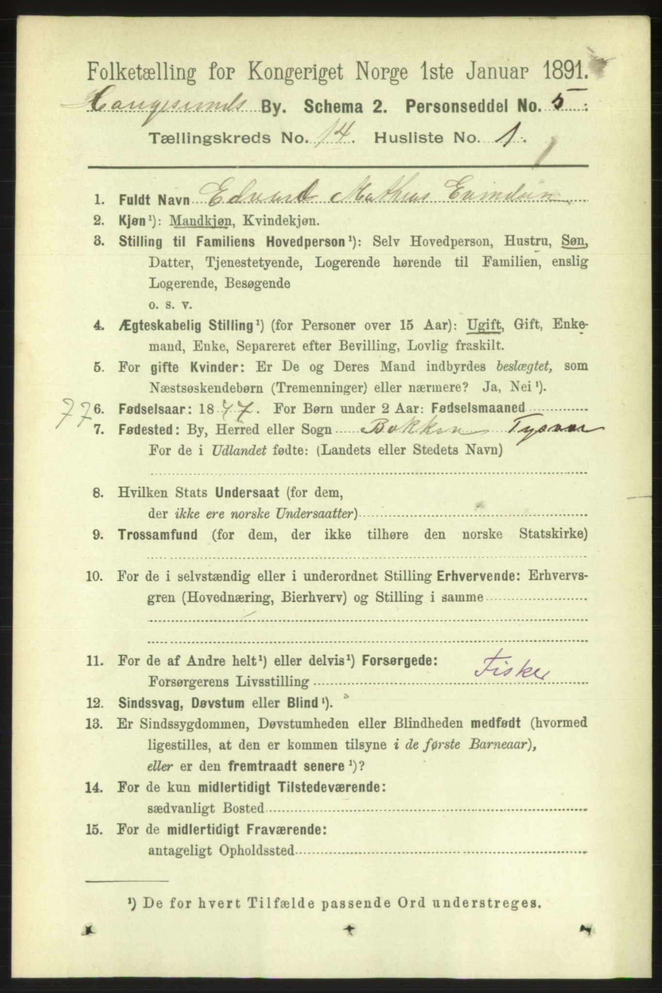 RA, 1891 census for 1106 Haugesund, 1891, p. 4664