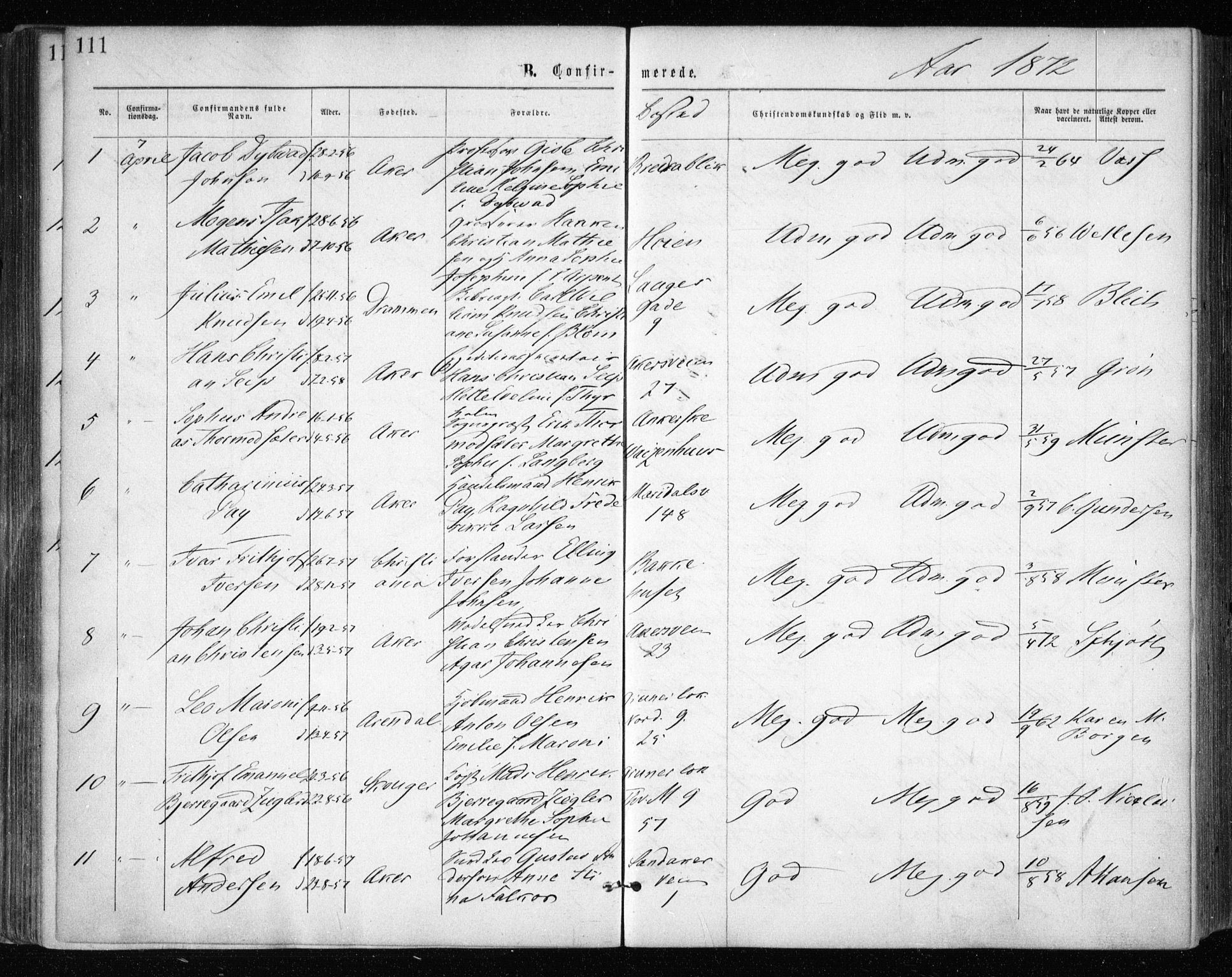 Gamle Aker prestekontor Kirkebøker, AV/SAO-A-10617a/F/L0003: Parish register (official) no. 3, 1865-1873, p. 111