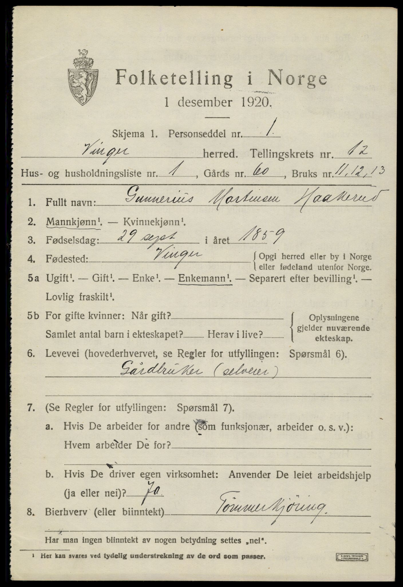 SAH, 1920 census for Vinger, 1920, p. 10206